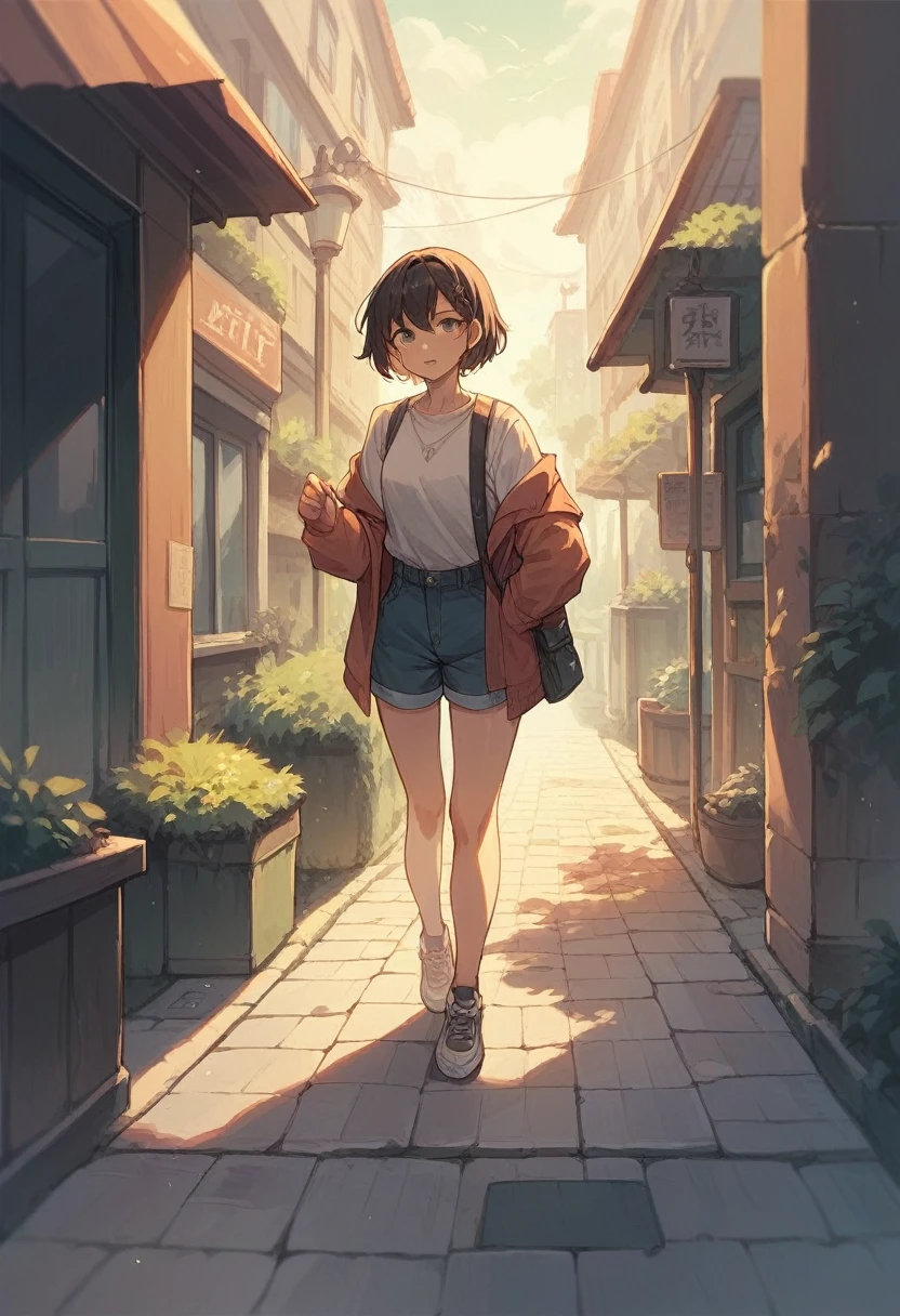 A girl standing on a sidewalk 