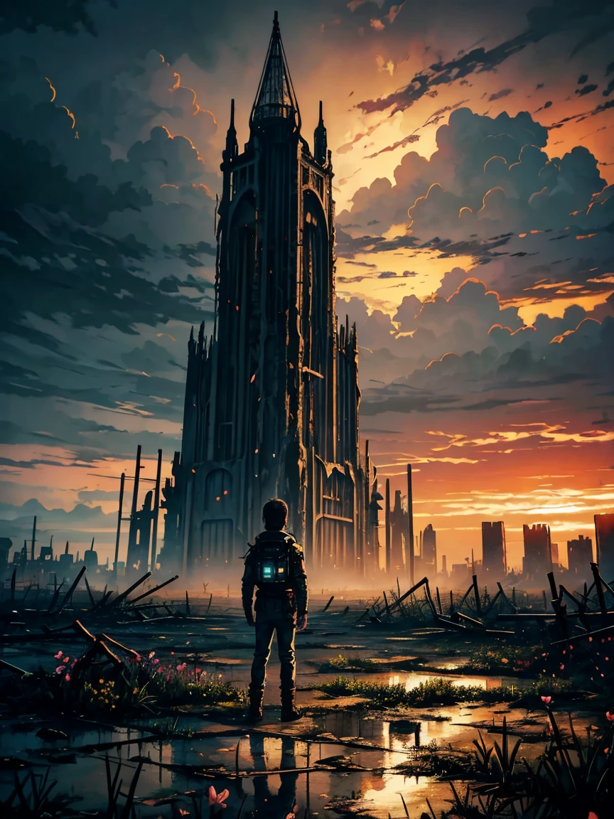 "oil painting, ((resilient)) boy standing in the middle of the ruins of a wasteland with a futuristic tower in the distance, delicate flowers emerging from desolation, Ominous clouds that cast shadows, ((haunting beauty)), post-apocalyptic masterpiece"
