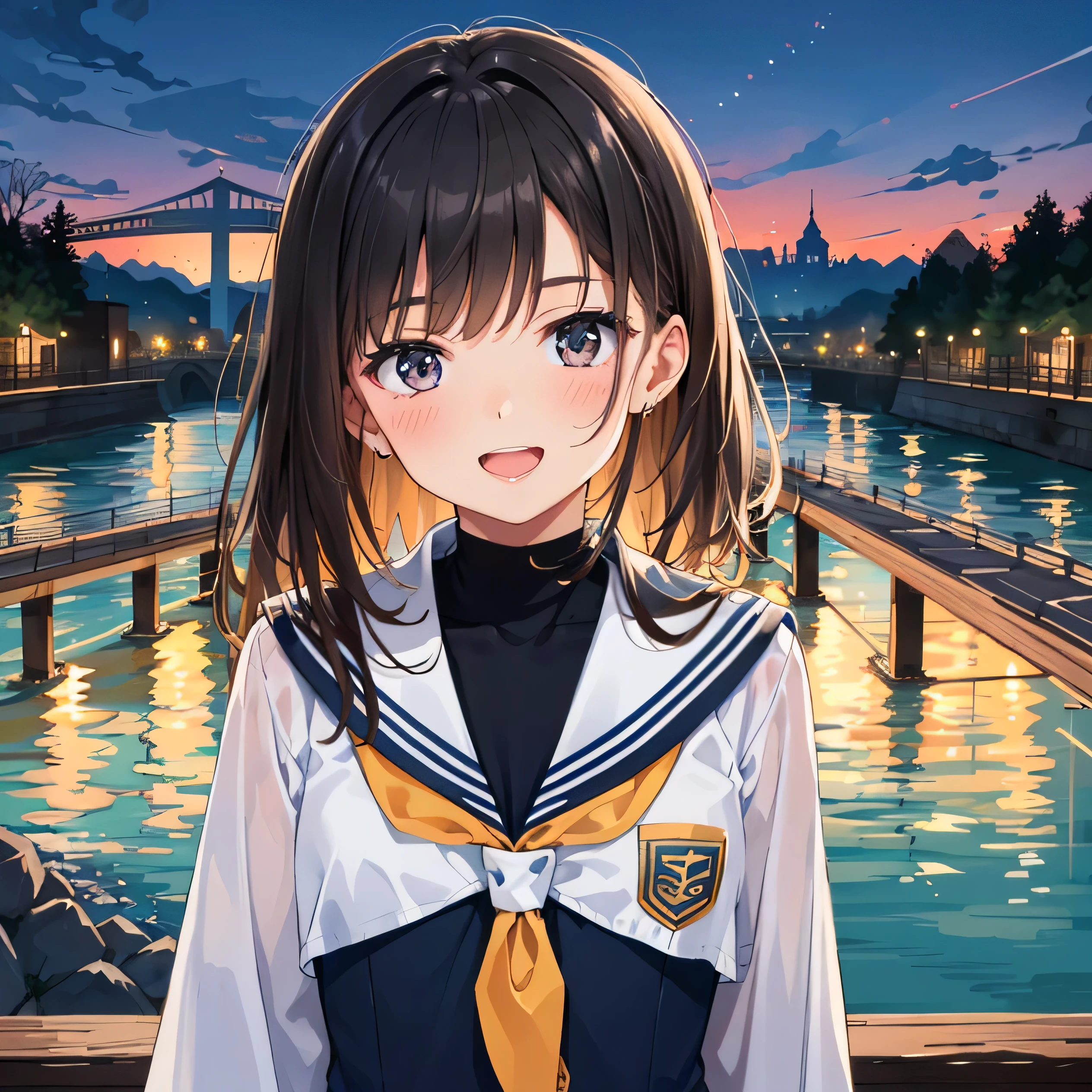 1 woman,surreal, (sailor uniform, very detail),17 year old girl, medium chest,korean girl, Short black hair,brown mech hair, expressionless, glowing line jacket,Bodysuit innerwear, face focus,face close up,from the side,looking at viewer, night background(I can see the river and the bridge.:1.4),multi color gradient,deep digital painting layer,soft ambient lighting,vivid colors,fluid watercolor technique, (absurd, inc빨간색ibly absurd, Add layer, panoramic view:1.2),Beautiful facial expressions, shame, High school girls, perfect face(cute smile, gaze upward, Open your mouth),Super cute, very beautiful,beautiful background,realistic background,realistic photo,Very detailed,short costume