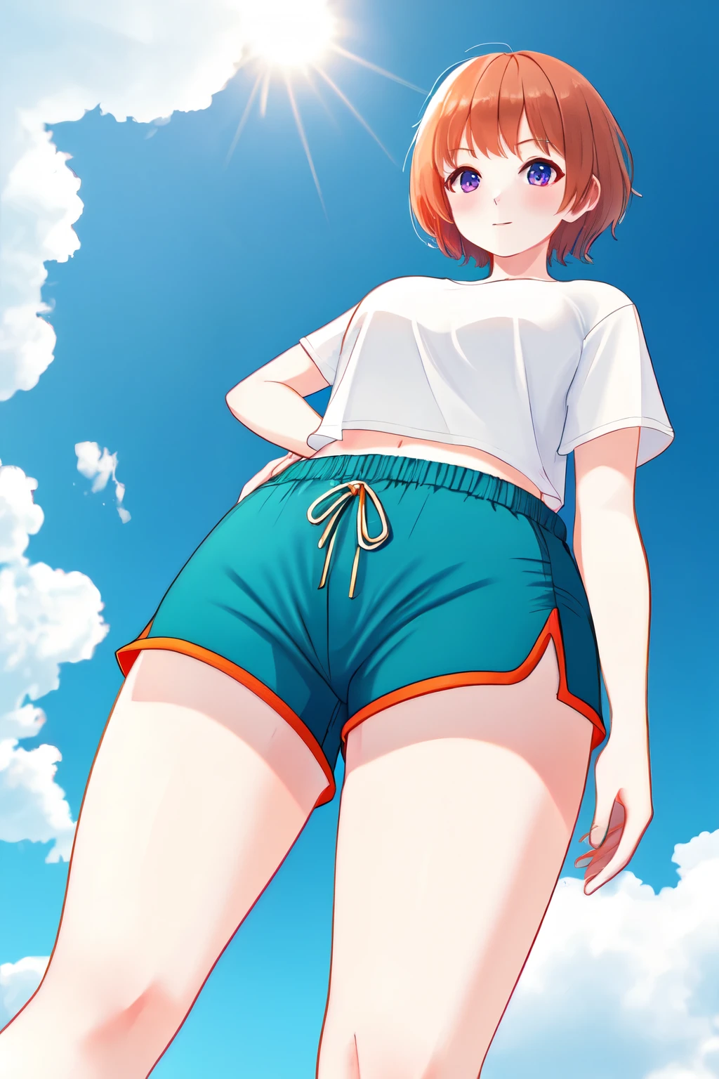 a one woman, russet hair, shaved hair, defined body, wide shot, uhd, high quality, best quality, 8k, highres, Dolphin shorts, view from below