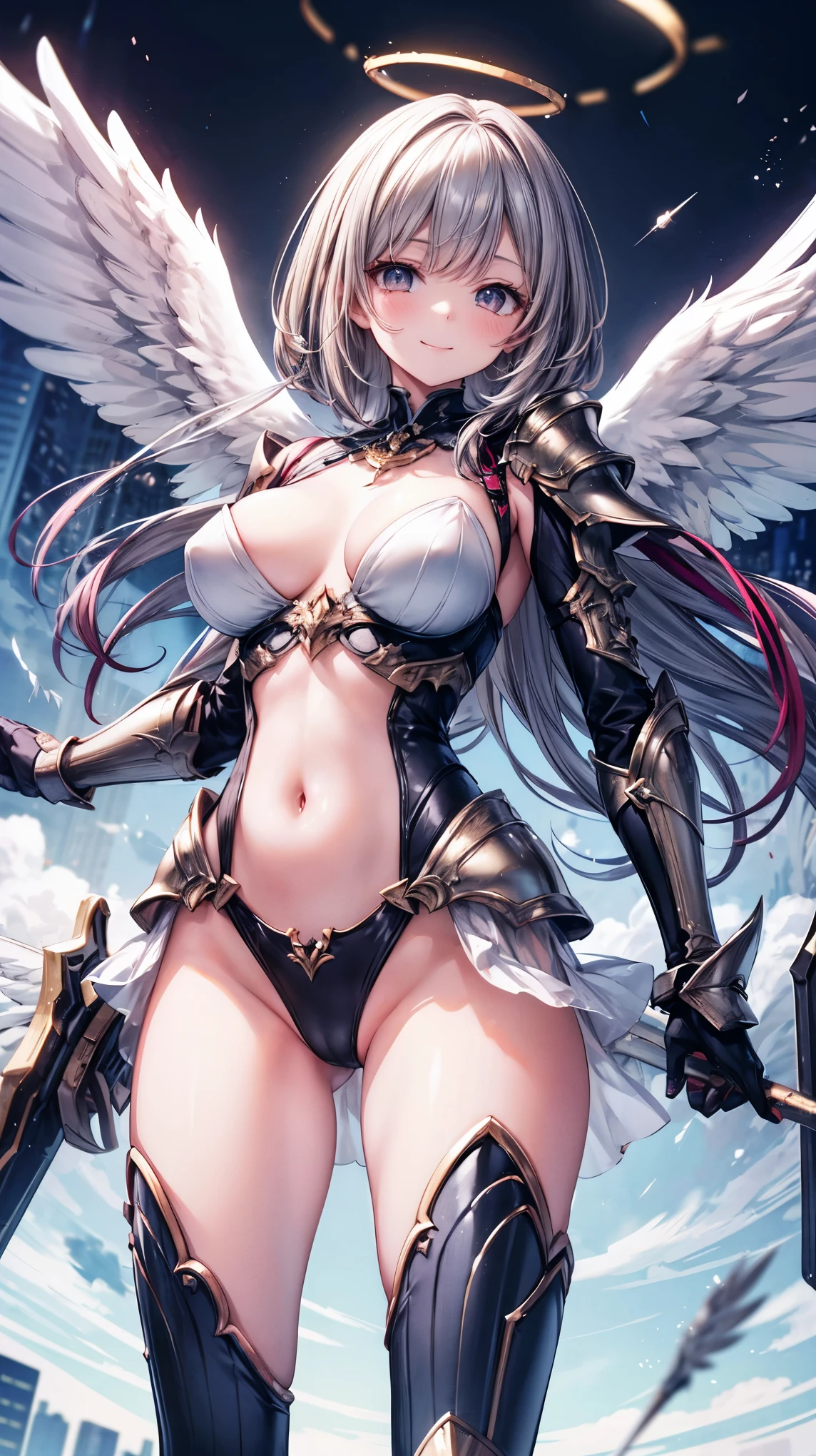 fantasy, 1angel_girl,(young_:1.5), ,brown_hair, medium_bob_hair, long_bangs, halo,bare_shoulder,thighhighs,silver_armor, waist_armor, large_breasts,1pair_wings, dynamic_pose_fighting,floating, bare_crotch, headgear,gauntlet, greaves,city_landscape_background,slightly_spread_legs, solo, groin_naked,smile