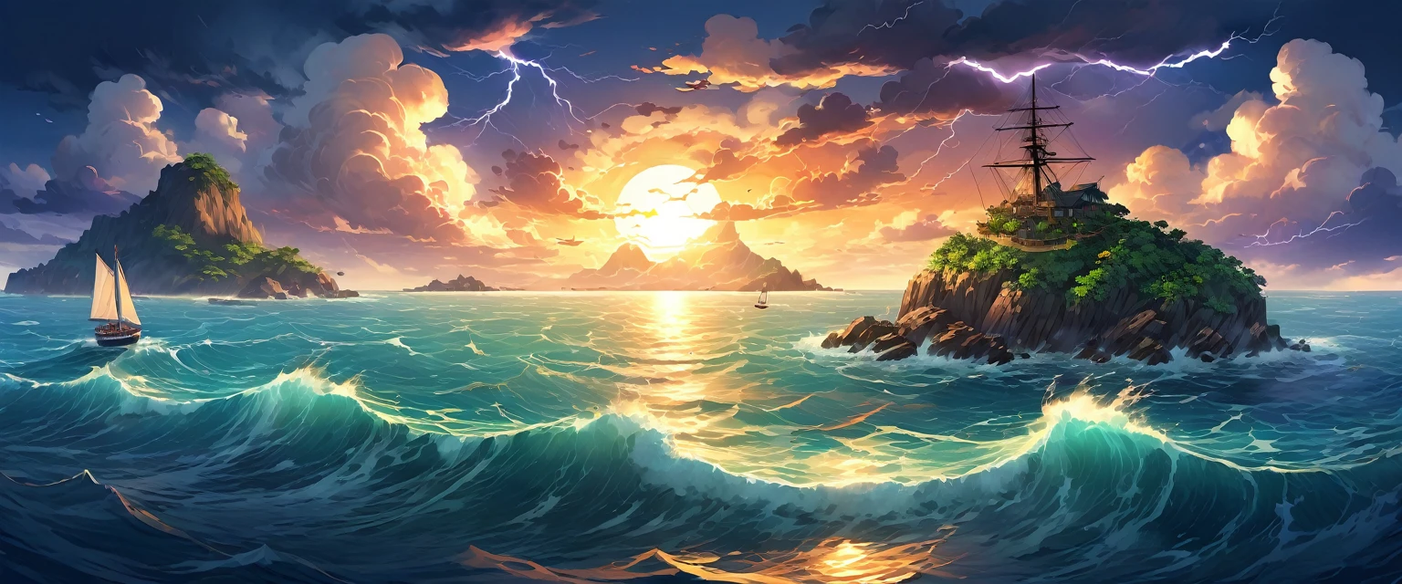 ocean，Rough seas，Strong winds and lightning in the sky，There is a small island in the center，Beautiful sunset against the island，A small wooden sailboat is heading towards the island。Bird's eye view composition，Panorama pictures，Scene screen，Game concept art style，Anime illustration style，HD，4K。