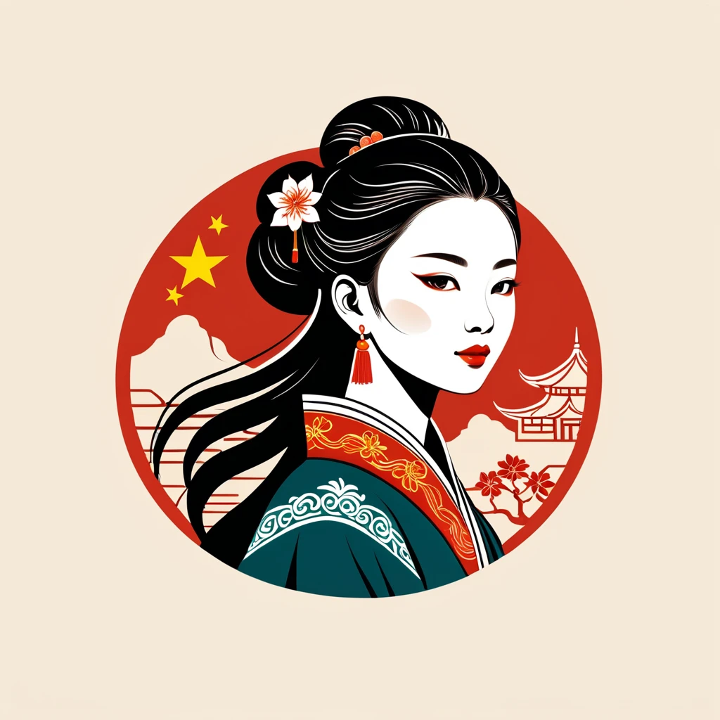 woman in china folk outfit ,vector graphics, strong contours, logo design
