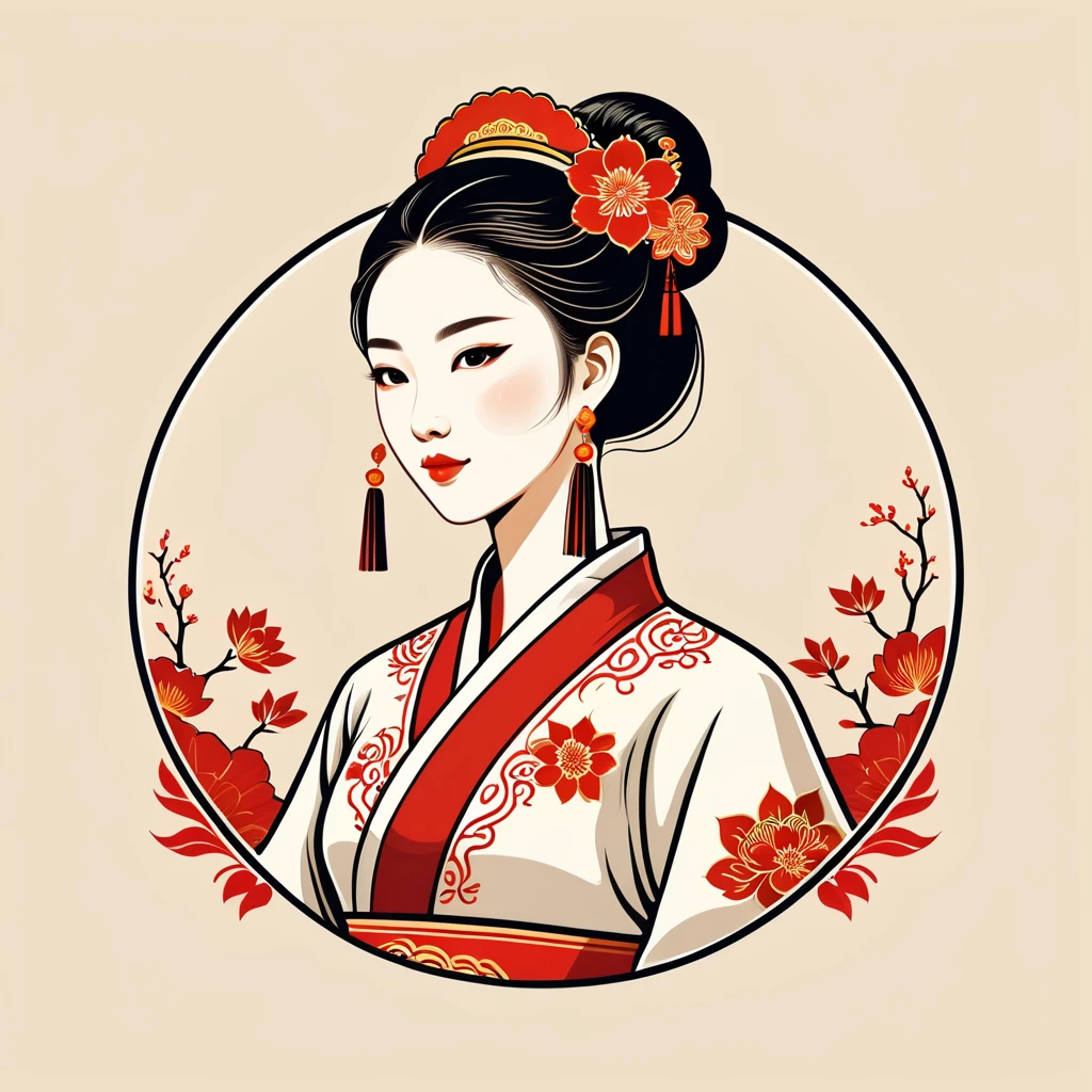 woman in china folk outfit ,vector graphics, strong contours, logo design