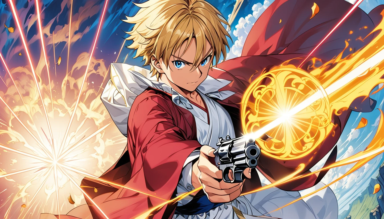 Japanese Manga「The Seven Deadly Sins」，(Meliodas)，One-handed pistol，Targeting You，Firing a laser