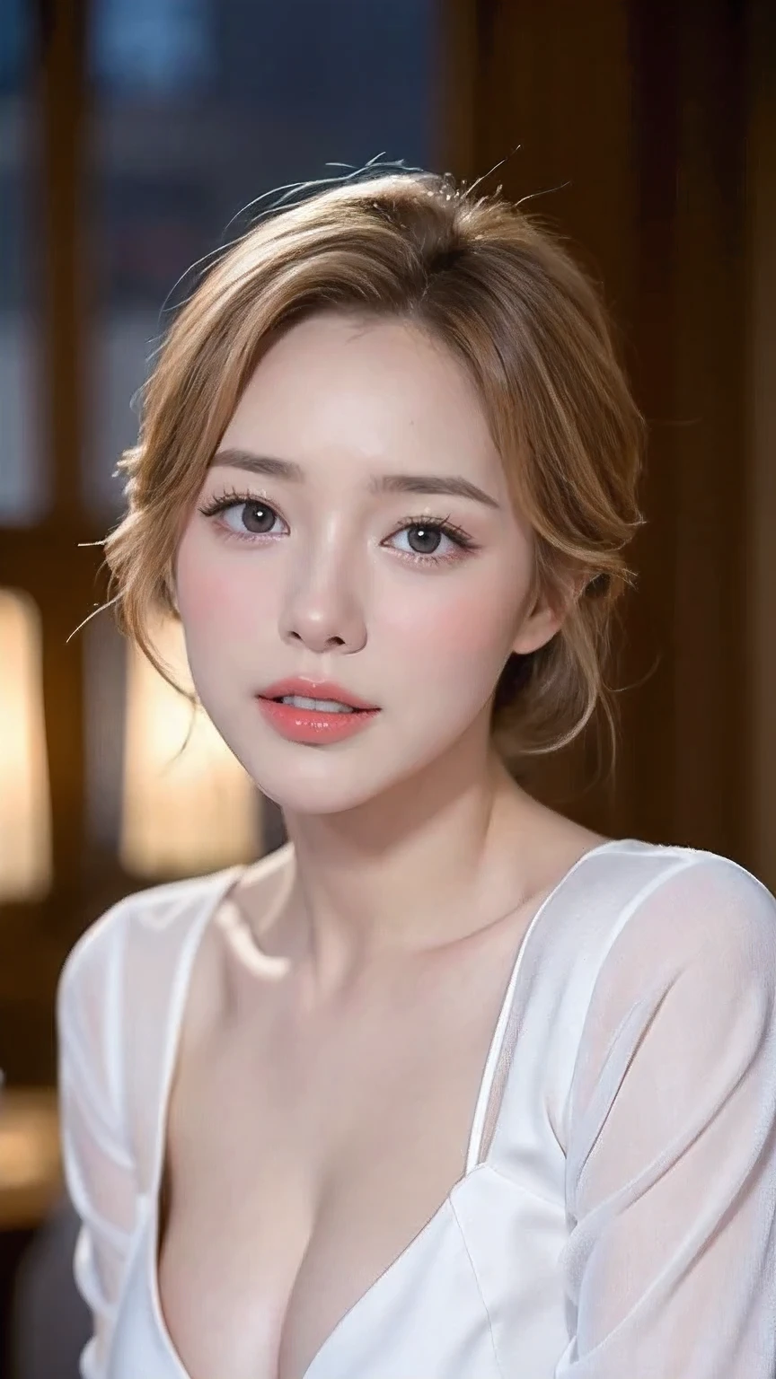 bride、wedding style、wedding style photos、Luxury Dresses、church、Lightly Dressed、Formal Wear、night scene、illumination、Blue eyes、blonde、short hair、Hair tied up、Full body photo、Sexy Face、short hair、 Complete look、(((masterpiece)))、((highest quality))、((超Realistic))、Mature woman、Mature woman、perspective、Very detailed、The perfect temptation、Best image quality、Fine-grained image quality、beautiful、European, woman, French, woman Italian, Italian, smile、Blue eyes、jewelry, Blue eyes, Realistic, High resolution, Glowing Skin, (Detailed face),jewelry, , night, blonde, Wavy Hair,attractive appearance, smile, beautiful Breasts、Cleavage