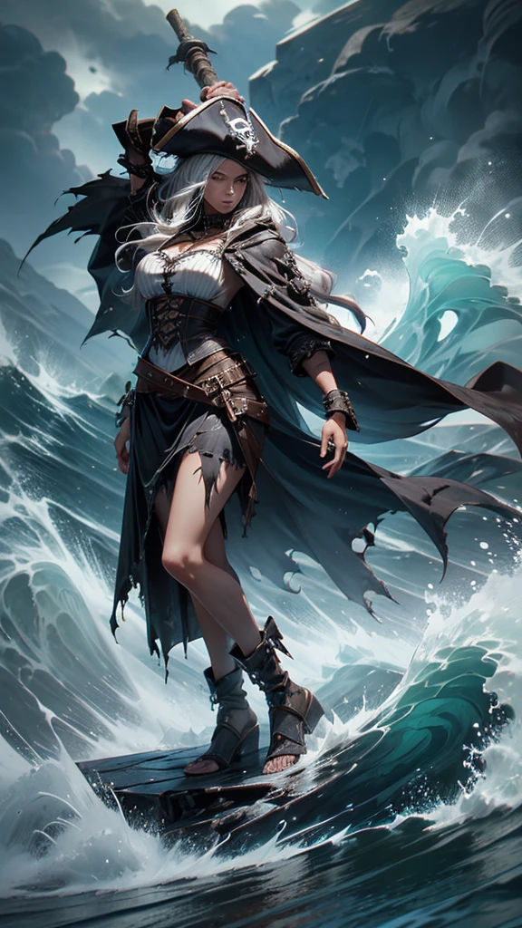 Female, pirate:1.2, skeleton in robes:1.2, with torn clothes, dark tone, scary scene, big wave, thunder, raining, high quality, high detailed, masterpiece, 8k, cinematic lighting, superrealistic, long exposure, full body shot, lightening, dressart:1.3