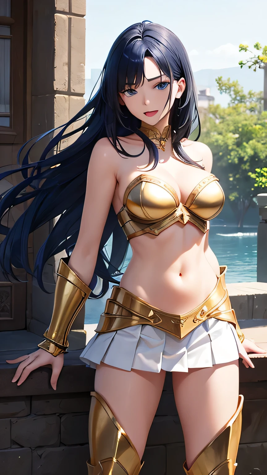 masterpiece, Highest quality, High resolution, 8K, Realistic, Very delicate and beautiful, super detailed skin, ((Fantasy)),
BREAK portrait, 1 woman, 18 years old, Perfect female body, elegant mature woman, Beautiful woman,
BREAK standing , full-body , toe, ((flat chest)), slender body, Cute beauty face, Ultra-fine facial texture,
BREAK armor knight, (((bikini-type gold metal breastplate))), intricate decoration, (((crop top))), (((strapless dress))), ((Cleavage)), (((choker))),
BRAKE (((((Thigh-length gold metal boots))))), ((gold gauntlet)), (((((white pleated skirt))))), ((white panties)), (equip a Princess Blade long sword),
BREAK (navy blue hair), long hair, silky hair, swept-side bangs, ((forehead)),
BREAK (((navy blue eyes))), fine eyes, puffy eyes, thin eyebrows, long upper eyelashes, Upper Eye, high fidelity eyes, ((super detailed eyes)),
BREAK cheerful, open mouth,
BREAK green background,
BREAK plain wall,realistic,photorealistic, digital painting, extremely detailed, hyperrealistic, natural lighting, dramatic lighting,