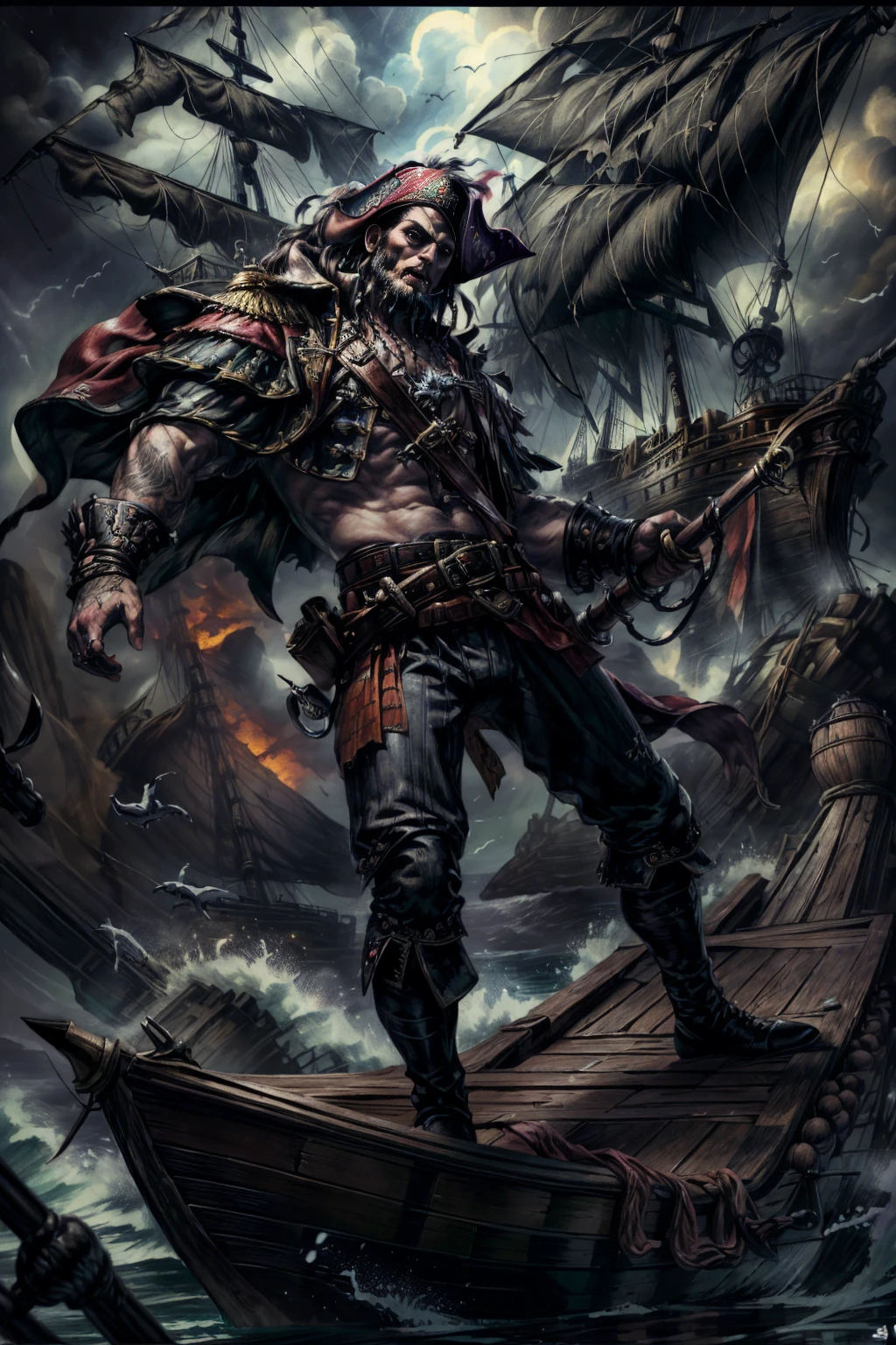 Pirate Ship Battle with their Skull and Crossbones Flags:1.3, A group of pirate ships engaged in a fierce battle, Pirates fighting with swords on the deck of the ships:1.5, Fire, Smoke, Dramatic Lighting, Stormy Seas, High Waves, Dramatic Sky, Cinematic Atmosphere, Detailed Textures, Photorealistic, 8k, (Best Quality, 4k, 8k, Hi-Res, Masterpiece:1.2), Ultra-Detailed, (Realistic, Photorealistic, Photorealistic:1.37), Dynamic Action, Intense Combat, Vivid Colors, Dramatic Shadows and Reflections