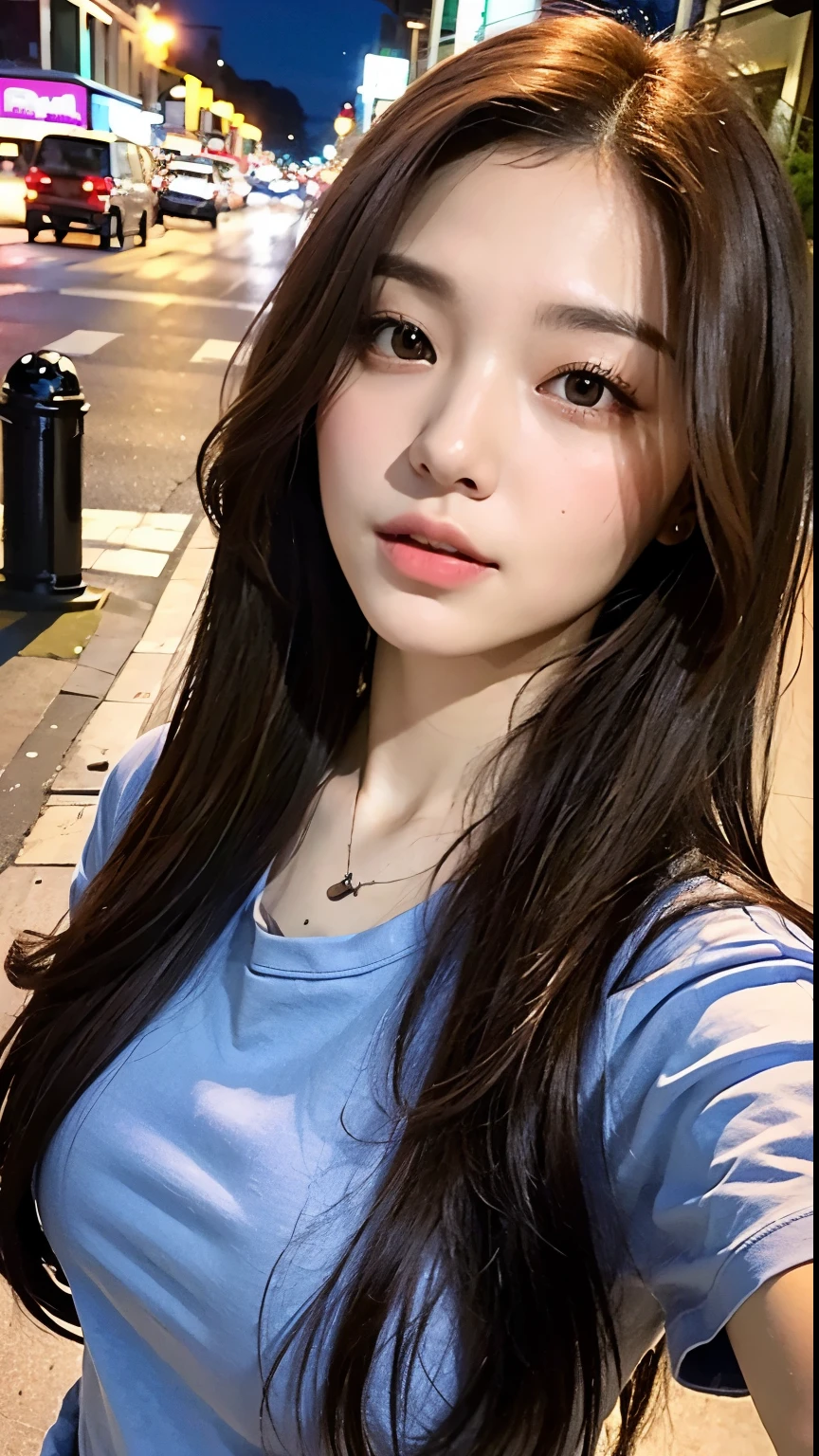 (Best quality, High resolution, Masterpiece :1.3), A pretty woman, Slender figure, Dark brown hair, T-shirt, (Street in city at night), Highly detailed face and skin texture, Detailed eyes, Double eyelid