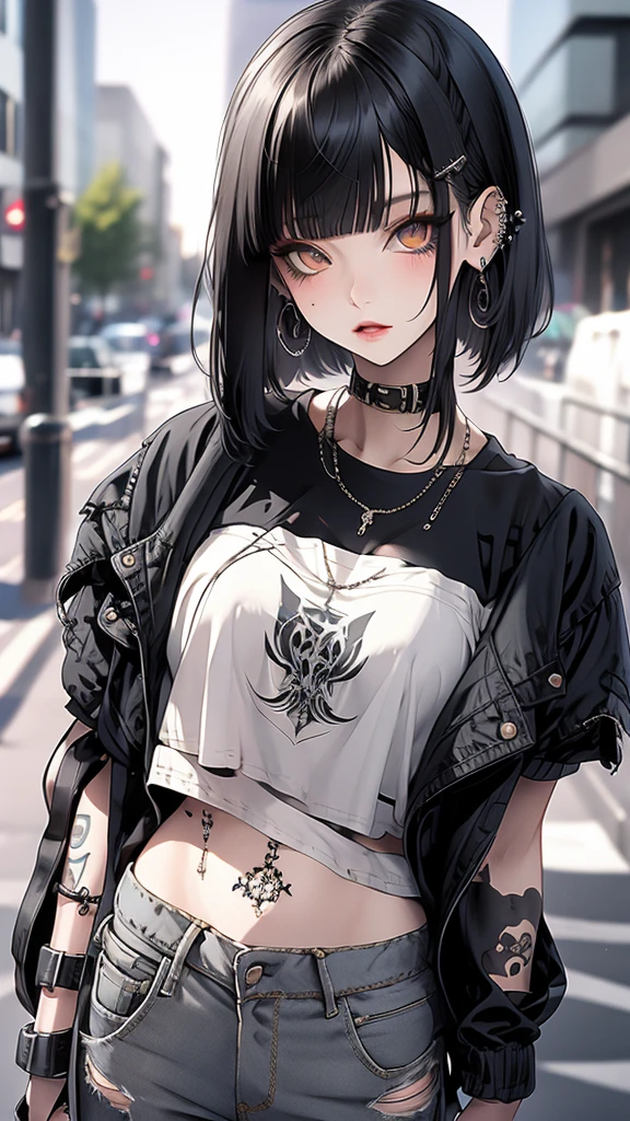 masterpiece, best quality, PIXIV, cool girl, lots of piercings, earring, black hair, blunt bangs, straight bangs, gray eyes, pale skin, gal, gyaru, black tattoos