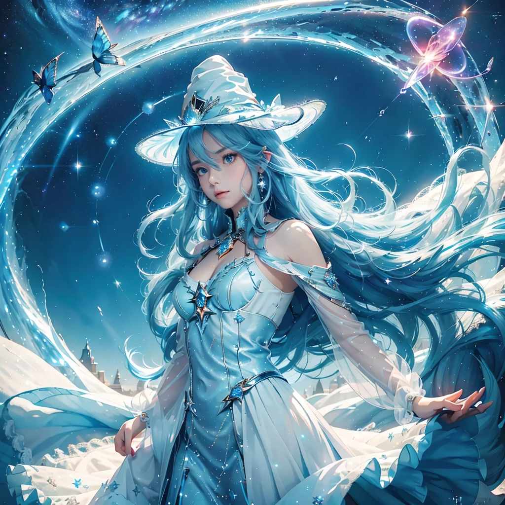 best quality,masterpiece,16k,1girl,aurora,blue eyes,blue hair,constellation,constellation print,diffraction spikes,dress,earrings,earth \(planet\),fireworks,galaxy,glint,hat,jewelry,light particles,light rays,light trail,long hair,Energy circle,Magic Formation,Concentric circle,long sleeves,magic,magic circle,milky way,night,night sky,planet,shooting star,sky,solo,space,sparkle,sparkle background,star \(sky\),star \(symbol\),starry background,starry sky,starry sky print,very long hair,wings