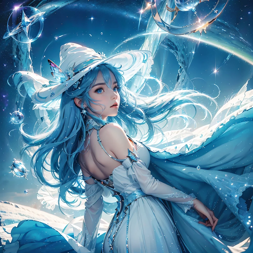 best quality,masterpiece,16k,1girl,aurora,blue eyes,blue hair,constellation,constellation print,diffraction spikes,dress,earrings,earth \(planet\),fireworks,galaxy,glint,hat,jewelry,light particles,light rays,light trail,long hair,Energy circle,Magic Formation,Concentric circle,long sleeves,magic,magic circle,milky way,night,night sky,planet,shooting star,sky,solo,space,sparkle,sparkle background,star \(sky\),star \(symbol\),starry background,starry sky,starry sky print,very long hair,wings