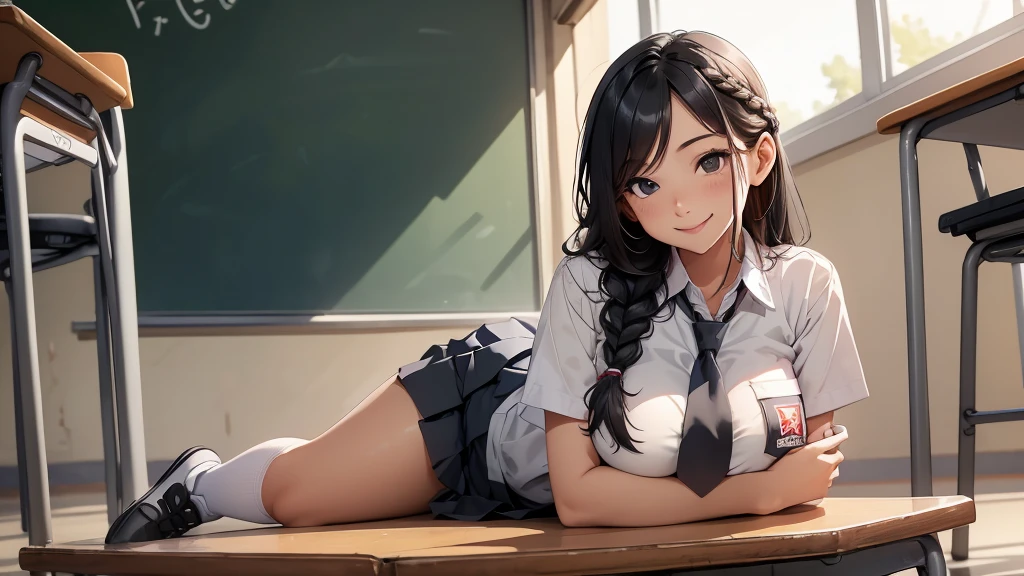 Girl, (long black hair, french-braid hairstyle), sexy body, black eyes, Indonesian high-school uniform, (neck tie, long white socks), osis logo on shirt pocket, huge breasts, light-grey pleated skirt, full body shot, smiling, in the classroom, high quality, high resolution, very detailed