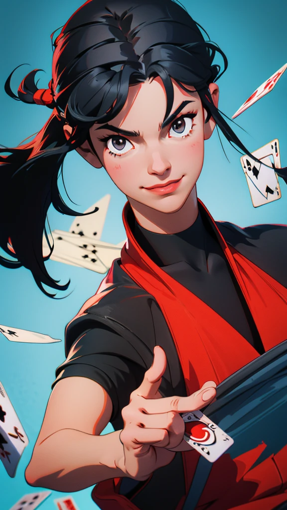 short black hair boy, holding a poker card in hand, serious look smiling and determined.
