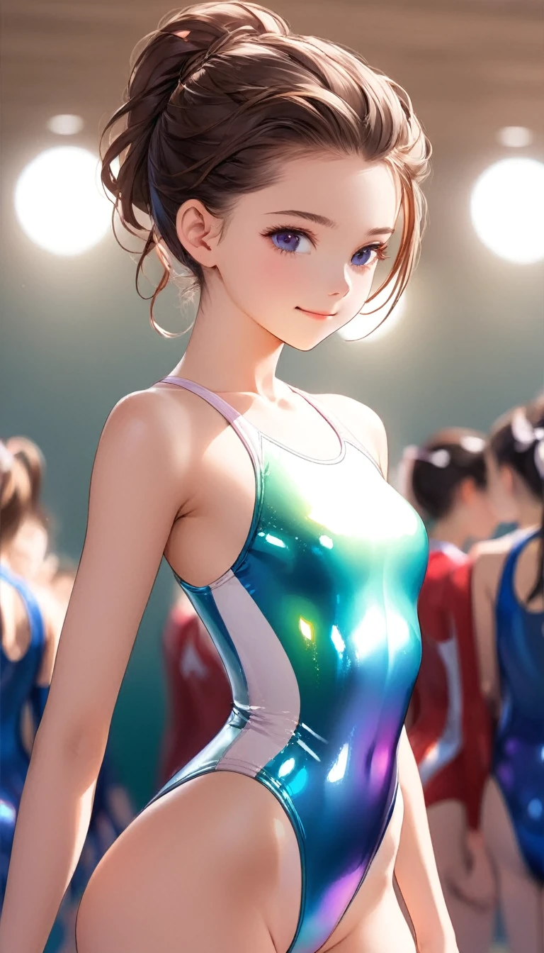 highquality illustration, masterpiece, very delicate and beautiful, attractive girl,(gymnastics leotard,long sleeve jersey with shiny decoration,high_leg leotard,athletic leotard,fitted leotard,iridescent gradient leotard,long sleeve leotard),delgado,Skinny body,delgado,high school,gym background,gymnastics club,gymnastics athlete,Princess, pretty eyes,light smile,(masterpiece, Best Quality:1.2), highres, Extremely detailed CG unity 8k wallpaper, perfect lighting, showy, ultra-high res,4k,ultra detailed, Photography, 8k, HdR, 17 years,cowboy shot,