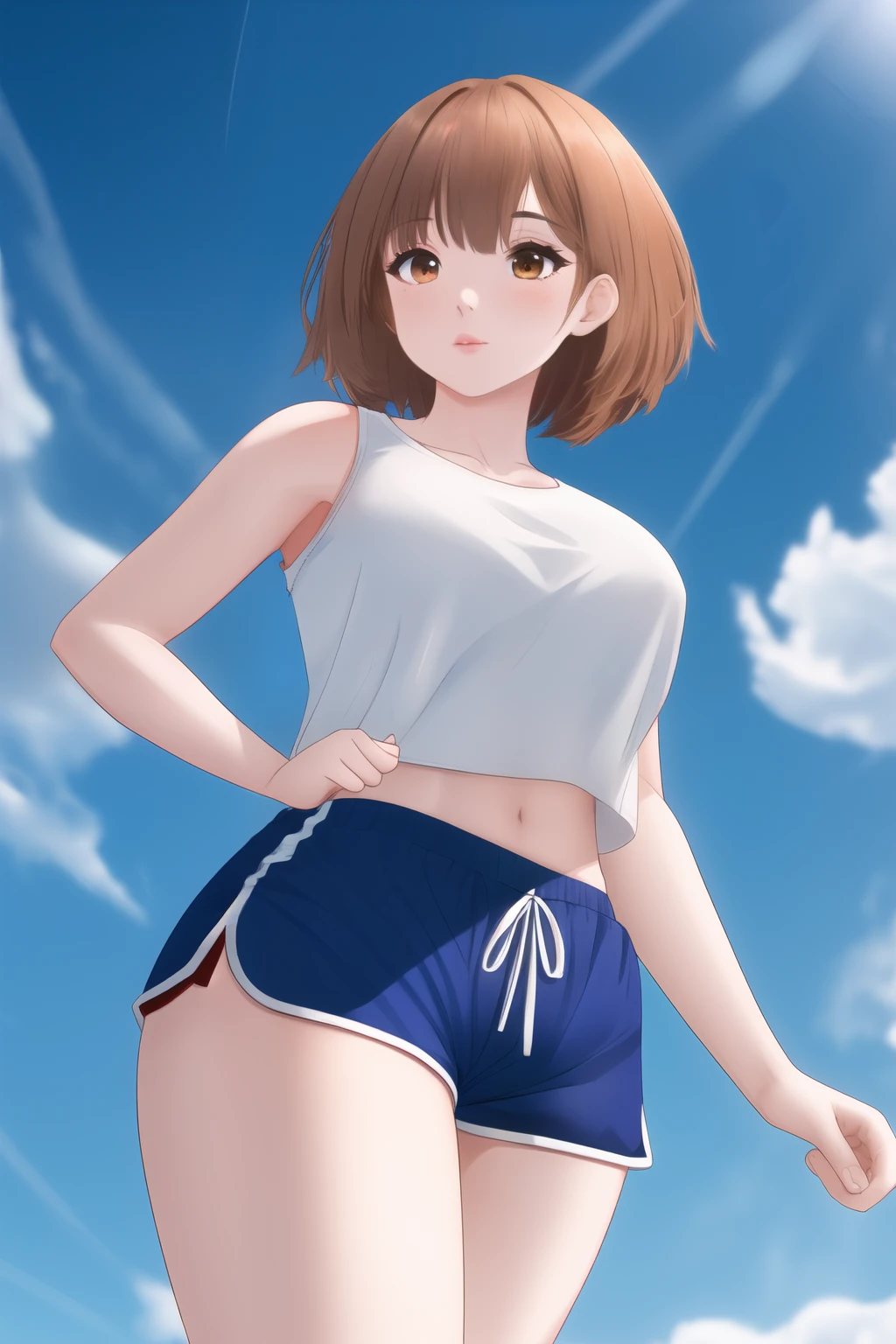 a one woman, russet hair, shaved hair, defined body, wide shot, uhd, high quality, best quality, 8k, highres, Dolphin shorts, view from below