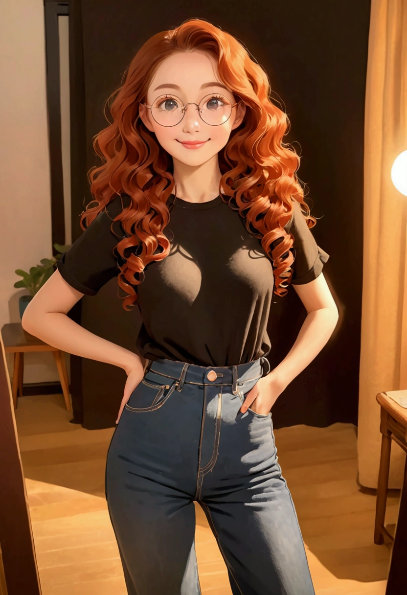 masterpiece, best quality),1 16-year-old girl, Wavy redheads, Round glasses, curls, Smile, Black T-shirt, Wide-leg jeans, Hands on waist, Warm lighting, Blurred foreground, Selfie photo.