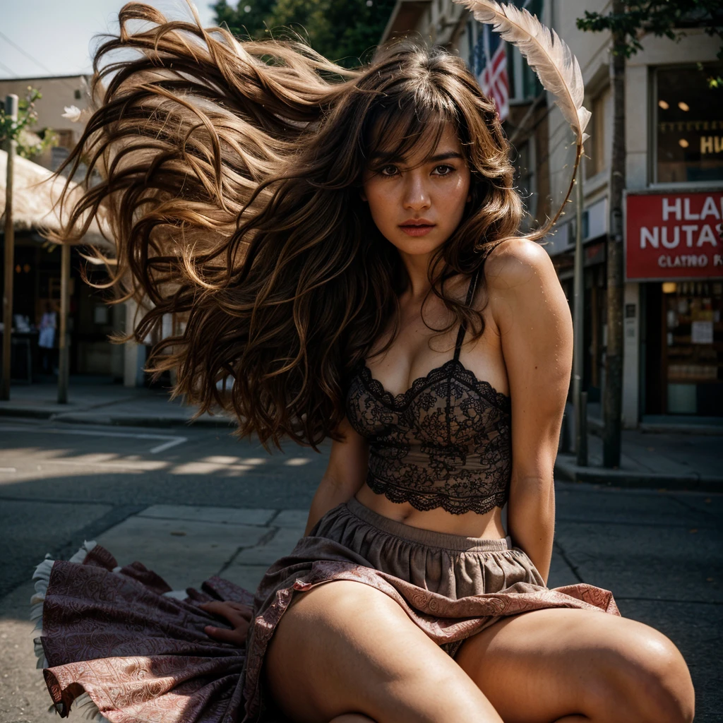 (full shot:1.3), (best quality:1.4), 1girl, uzbek, cute face, pink lace tanktop with long skirt, sitting in the market street, surrounded by (floating feathers:1.2), wavy hair, bangs, (hair blowing in the wind:1.2), (dramatic moment:1.3), (dynamic object:1.3), film looks, RAW photo, beauty shadow, beautiful day, natural lighting, detailed skin, detailed face and eyes, ultra highly detailed, surreal view, sharp focus, shot by zenit analog film, cinematic portrait by annie leibovitz, photo realism