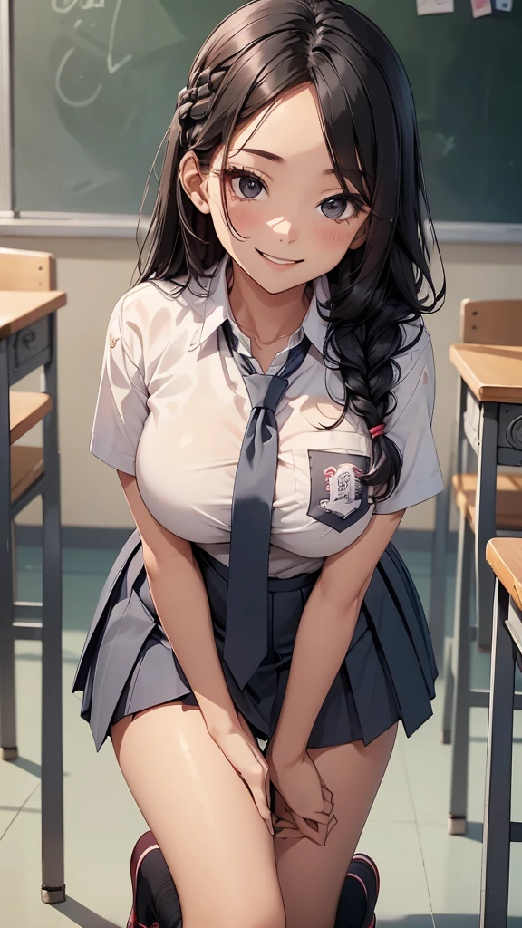 Girl, (long black hair, french-braid hairstyle), sexy body, black eyes, Indonesian high-school uniform, (neck tie, long white socks), osis logo on shirt pocket, huge breasts, light-grey pleated skirt, full body shot, smiling, in the classroom, high quality, high resolution, very detailed