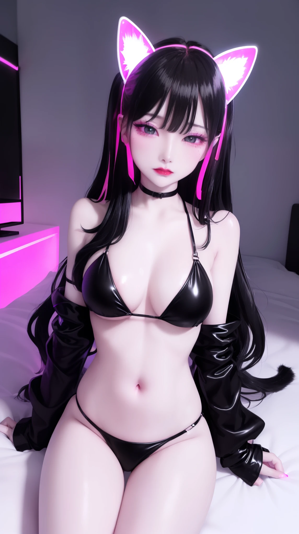 (Long Shot、Full Shot), 3d, 3dモデル, Unreal Engine, 1 girl, alone, (Neon Wireless Cat Ear Headphones:1.2), (Black Hair、Beautiful female body、Exquisite breathable bikini that glows under UV black light neon light:1.2), ((Bedroom、Shiny pink bed in a hotel、On the bed、Midnight、 sunset)), Someone knowledgeable、Detailed view、Depth of written border, ((Black Hair、Oilskin,Glowing Skin、Realistic skin texture、Beautiful skin in every detail、Glowing Skin、Glowing White Skin、Beautiful glossy lipstick、Hot Lip Makeup))