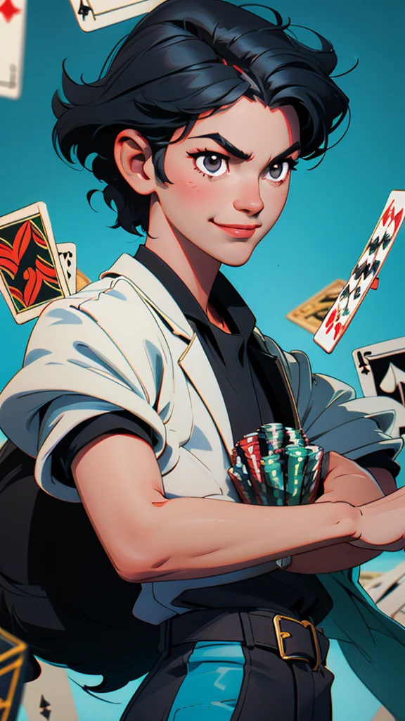 short black hair boy, holding a poker card in hand, serious look smiling and determined.