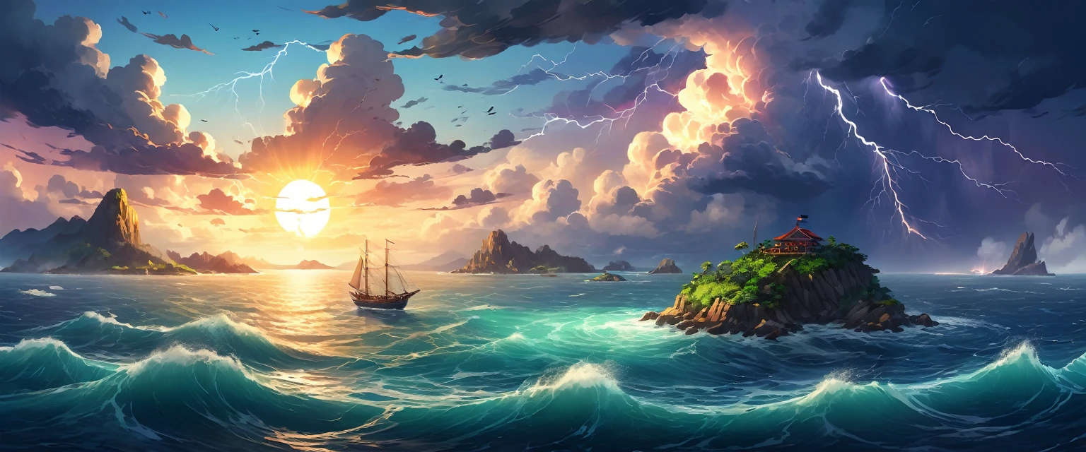 ocean,Rough seas,Strong winds accompanied by lightning,There is a small island in the center,Beautiful sunset against the island,A small wooden sailboat is heading towards the island。Bird's eye view composition,Panorama pictures,Scene screen,Game concept art style,Anime illustration style,HD,4K。