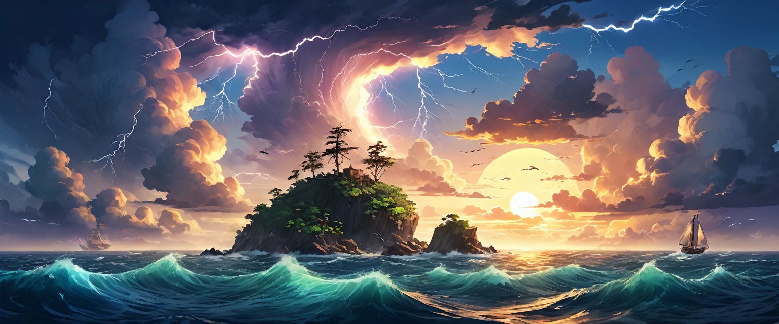 ocean,Rough seas,Strong winds accompanied by lightning,There is a small island in the center,Beautiful sunset against the island,A small wooden sailboat is heading towards the island。Bird's eye view composition,Panorama pictures,Scene screen,Game concept art style,Anime illustration style,HD,4K。