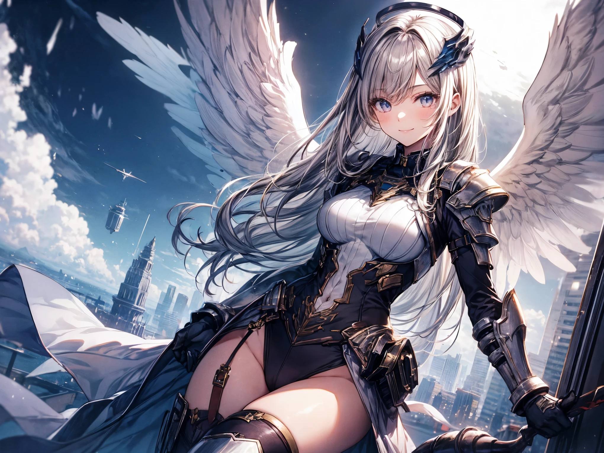 fantasy, 1angel_girl,(young_teen:1.5), ,brown_hair, medium_bob_hair, long_bangs, halo,bare_shoulder,thighhighs,silver_armor, waist_armor, large_breasts,1pair_wings, dynamic_pose_fighting,floating, bare_crotch, headgear,gauntlet, greaves,city_landscape_background,slightly_spread_legs, solo, groin_naked,smile