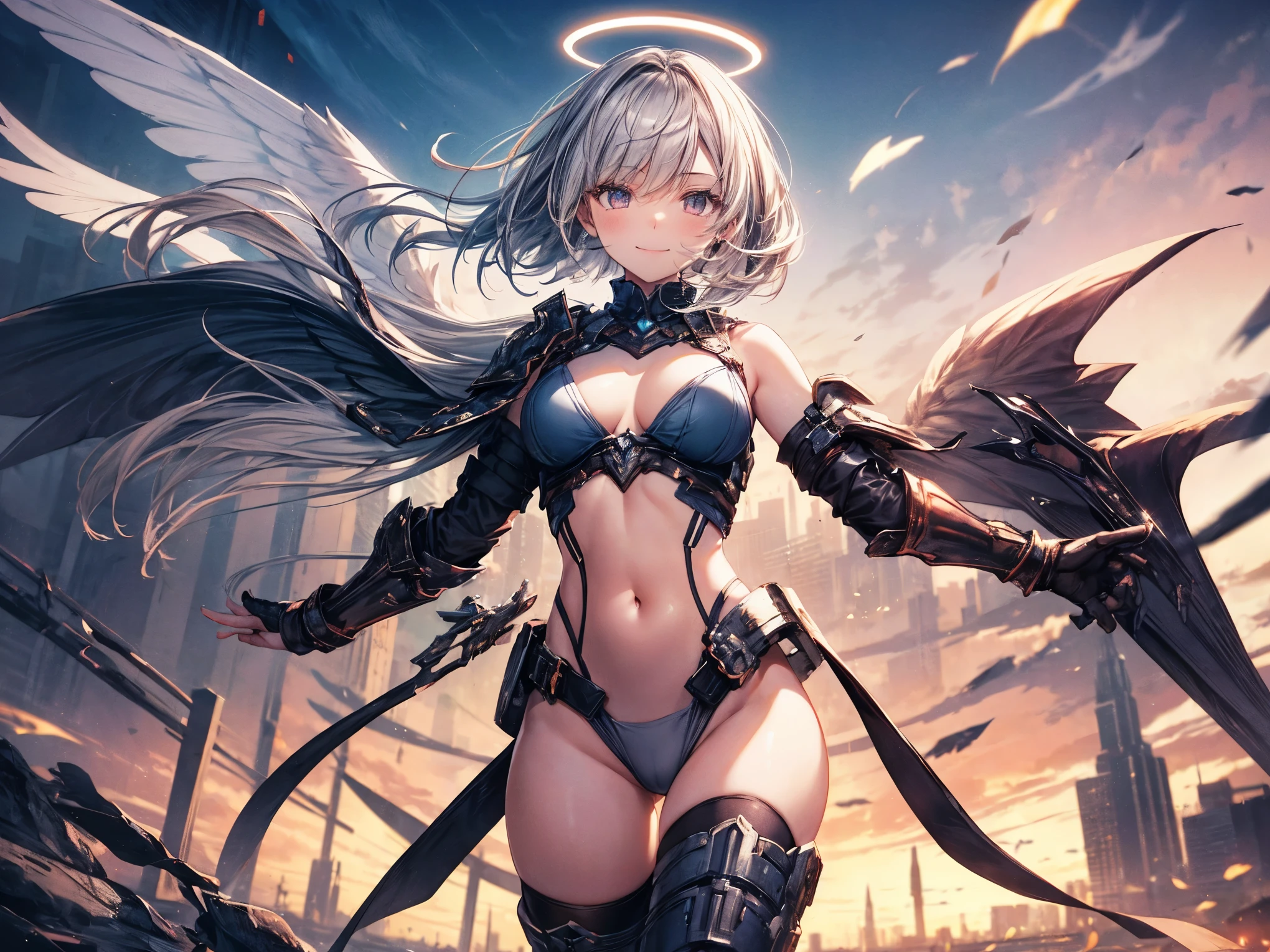 fantasy, 1angel_girl,(young_:1.5), ,brown_hair, medium_bob_hair, long_bangs, halo,bare_shoulder,thighhighs,silver_armor, waist_armor, large_breasts,1pair_wings, dynamic_pose_fighting,floating, bare_crotch, headgear,gauntlet, greaves,city_landscape_background,slightly_spread_legs, solo, groin_naked,smile