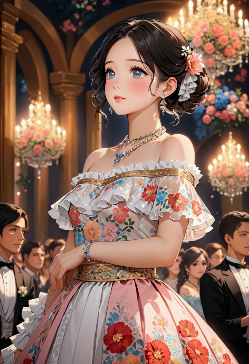 (best quality, masterpiece), 1 Girl, Intricate details, Off-shoulder, skirt, Necklace, Ruffles, transparent, Looking at the audience, blush, Upper Body, Blurred background, Floral, Contrasting