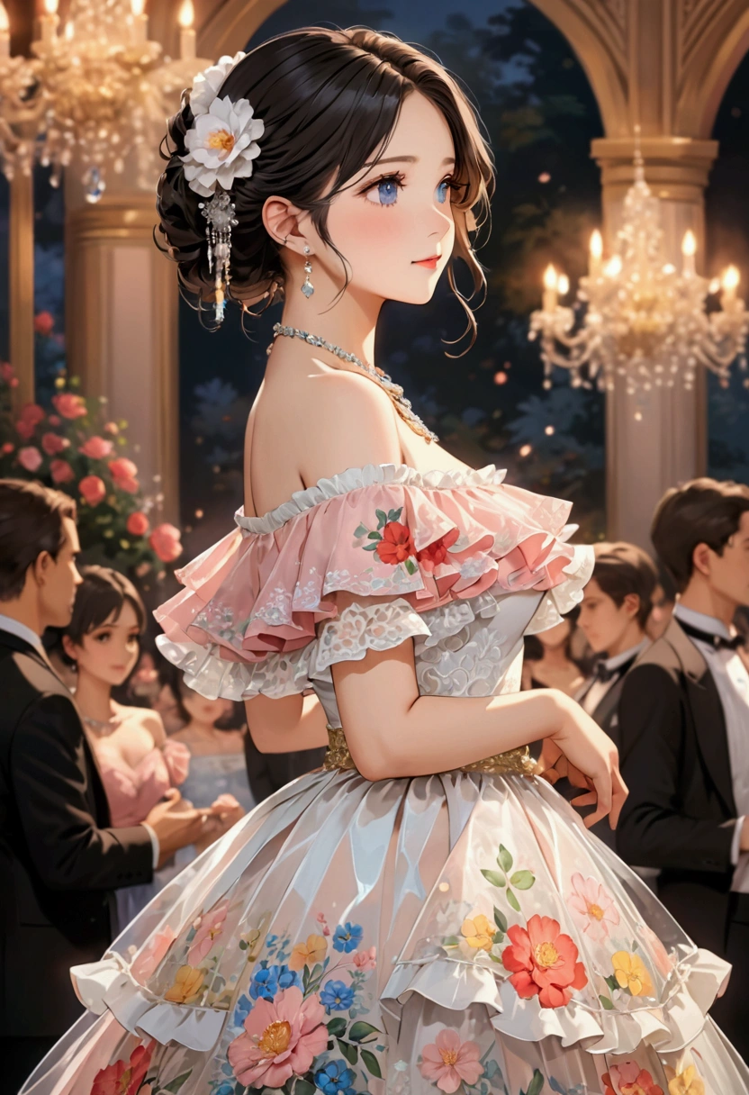 (best quality, masterpiece), 1 Girl, Intricate details, Off-shoulder, skirt, Necklace, Ruffles, transparent, Looking at the audience, blush, Upper Body, Blurred background, Floral, Contrasting