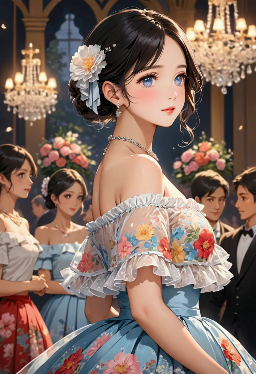 (best quality, masterpiece), 1 Girl, Intricate details, Off-shoulder, skirt, Necklace, Ruffles, transparent, Looking at the audience, blush, Upper Body, Blurred background, Floral, Contrasting