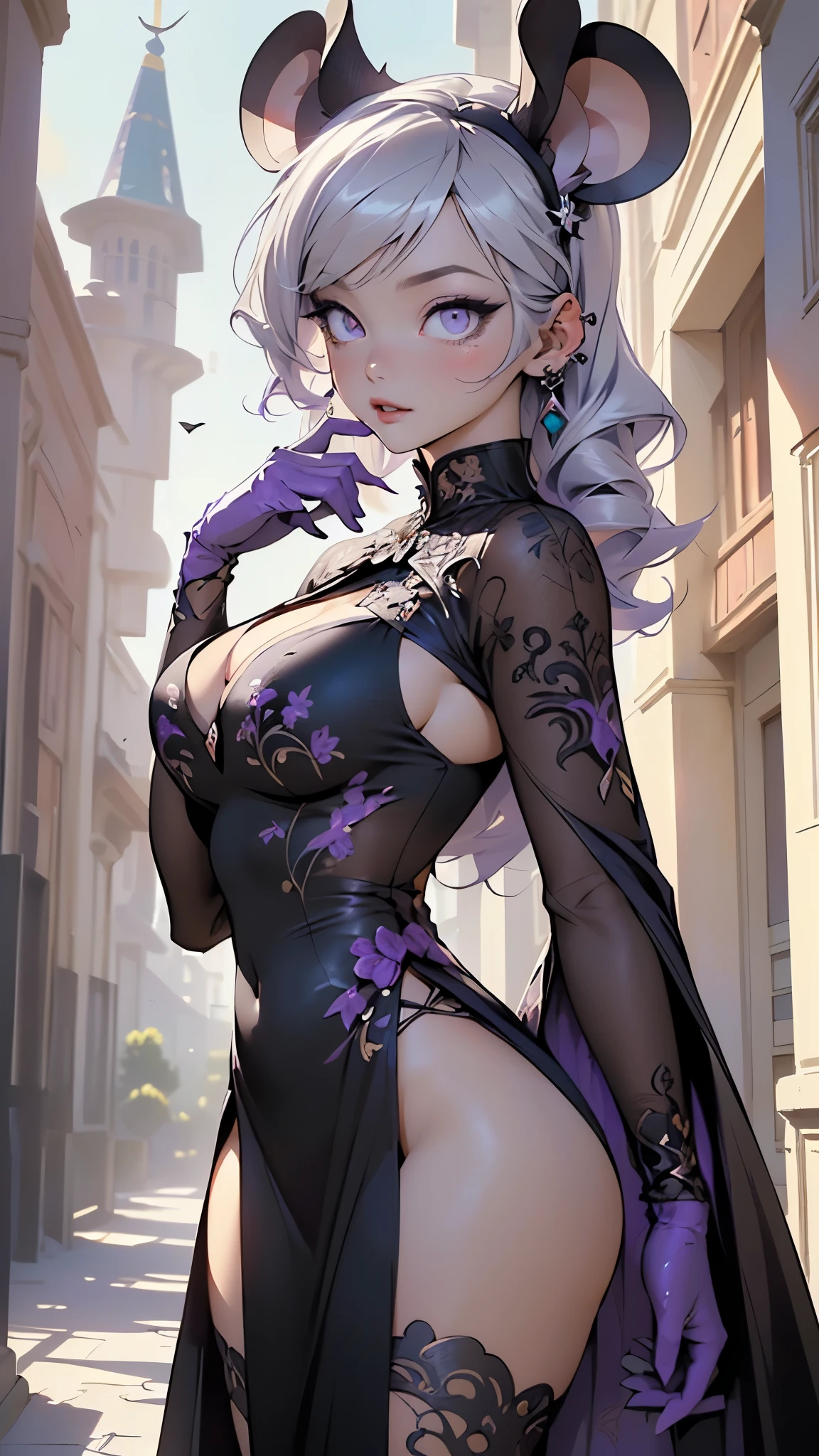 ((purple haired girl with mouse ears)), exuding total appeal. With slender waist and curvy hips, and a pair of beautiful legs, (naturally busty:1.5) and (voluptuous derrière),((((mouse ears,mouse ears on head,big mouse ears)))),(((purple_eyes:1.3))),intricate eyes,beautiful detailed eyes,symmetrical eyes,(((lustrous skin:1.5,bright skin: 1.5,skin tanned,shiny skin,very shiny skin,shiny body,plastic glitter skin,exaggerated shiny skin,illuminated skin))),(spider lower abdomen,narrow waist,wide hip,athletic body,inflated legs,thick thighs,detailed body,(detailed face)),

cute,slutty,seductive,erotic,(nsfw),villain,evil villain,

((queen)),((revealing clothing:1.5,show skin:1.5)),(((hair ornament,small crown,earrings, cape, black dress:1.3,feather trim,plunging neckline:1.3,long sleeves,black elbow gloves,makeup,lipstick,pale skin,huge breasts))),(((intricate outfit,intricate clothes,embroidered outfit,ornate outfit,embroidered clothes,ornate clothes,silver embroidery))),

(dynamic pose:1.0),furrowed brow,(centered,scale to fit dimensions,Rule of thirds),

inside,indoor,((palace in Russia, palace in Russia background)),scenery:1.25,((intricate scenery)),

(Glossy Russian ornaments),highres,sharp focus,(ultra detailed,extremely detailed),(photorealistic artwork:1.37),(extremely detailed CG unity 8k wallpaper),(((vibrant colors,vibrant theme))),(intricate),(masterpiece),(best quality),artistic photography,(photography taken by sldr),(intricate background),perfect rendered face,perfect face details,realistic face,photo realistic,((intricate detail)),(((realism))),
