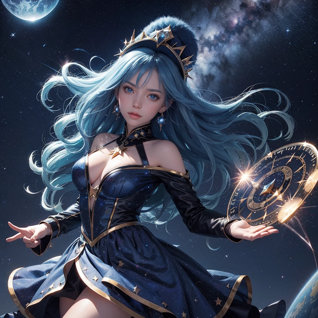best quality,masterpiece,16k,1girl,aurora,blue eyes,blue hair,constellation,constellation print,diffraction spikes,dress,earrings,earth \(planet\),fireworks,galaxy,glint,hat,jewelry,light particles,light rays,light trail,long hair,Energy circle,Magic Formation,Concentric circle,long sleeves,magic,magic circle,milky way,night,night sky,planet,shooting star,sky,solo,space,sparkle,sparkle background,star \(sky\),star \(symbol\),starry background,starry sky,starry sky print,very long hair,wings