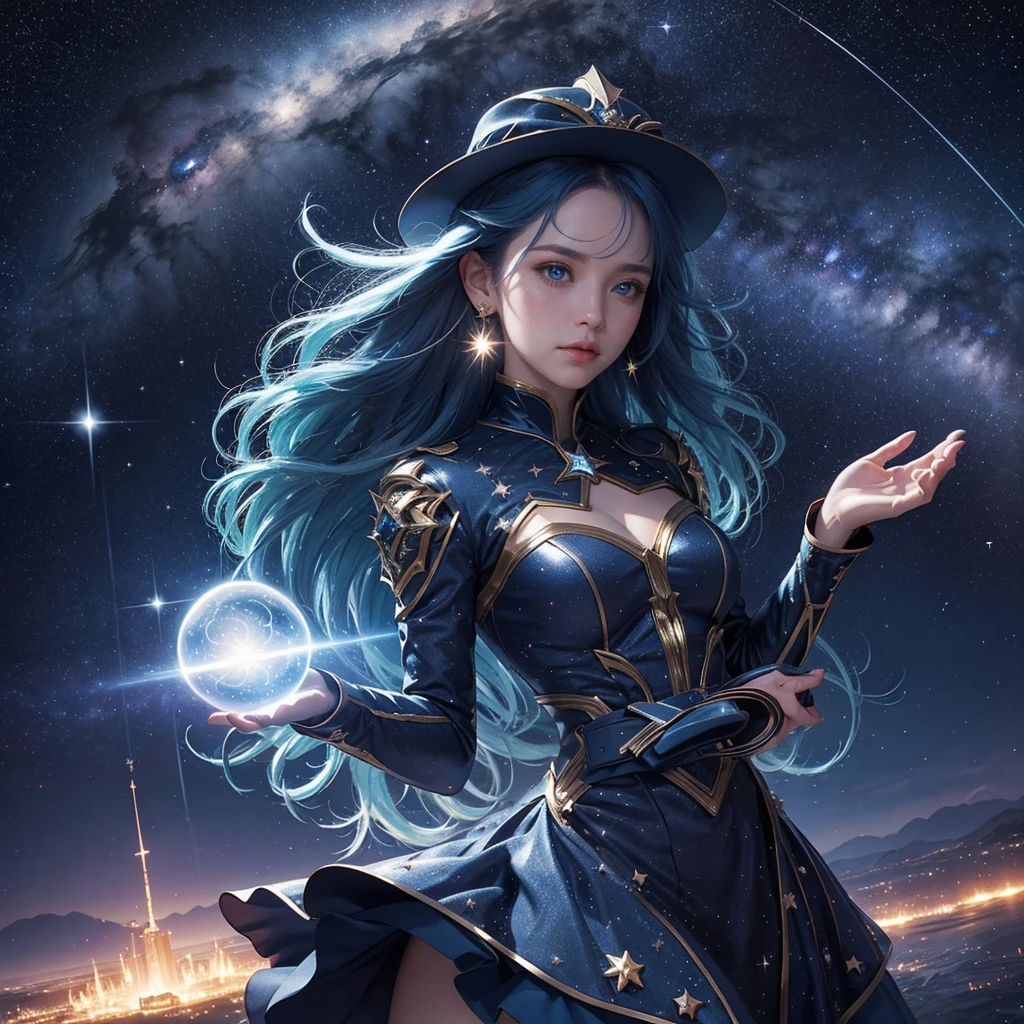 best quality，masterpiece，16k，1girl,aurora,blue eyes,blue hair,constellation,constellation print,diffraction spikes,dress,earrings,earth \(planet\),fireworks,galaxy,glint,hat,jewelry,light particles,light rays,light trail,long hair,Energy circle,Magic Formation,Concentric circle,long sleeves,magic,magic circle,milky way,night,night sky,planet,shooting star,sky,solo,space,sparkle,sparkle background,star \(sky\),star \(symbol\),starry background,starry sky,starry sky print,very long hair,wings