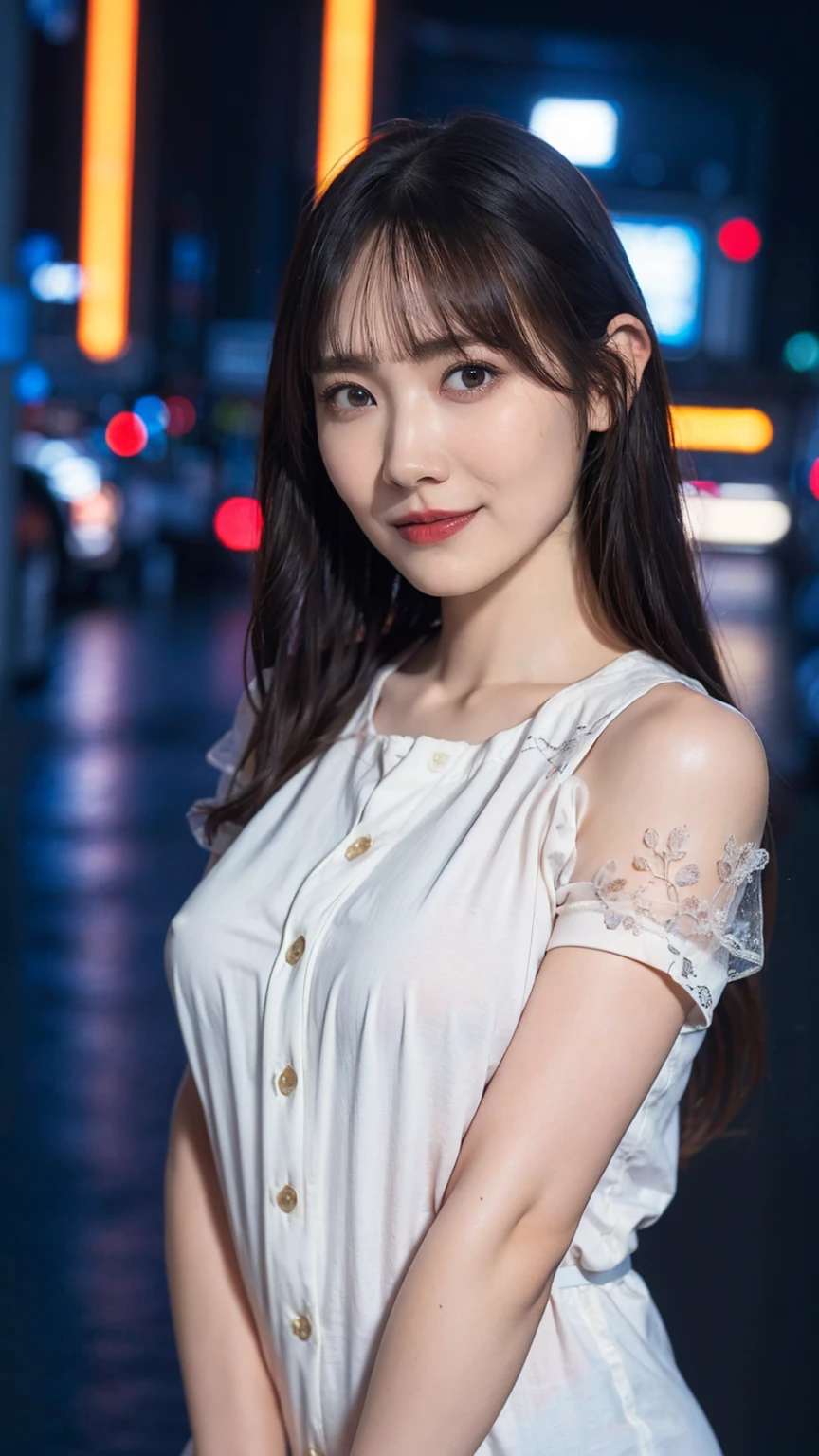 1girl,(wearing a short sleeves shirt:1.2, open button),(RAW photo, best quality), (realistic, photo-realistic:1.4), masterpiece, an extremely delicate and beautiful, extremely detailed, 2k wallpaper, Amazing, finely detail, extremely detailed CG unity 8k wallpaper, ultra-detailed, highres, soft light, beautiful detailed girl, extremely detailed eyes and face, beautiful detailed nose, beautiful detailed eyes,cinematic lighting,city lights at night,perfect anatomy,slender body,light smile,close up,(long hair with bangs), medium breast,open shoulder,NSFW