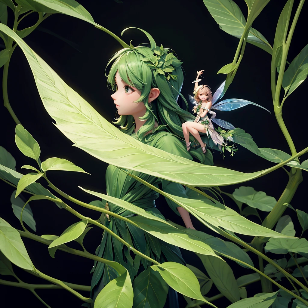 Fairy surrounded by foliage on a black background, work of art, offcial art, 4K, best qualityer