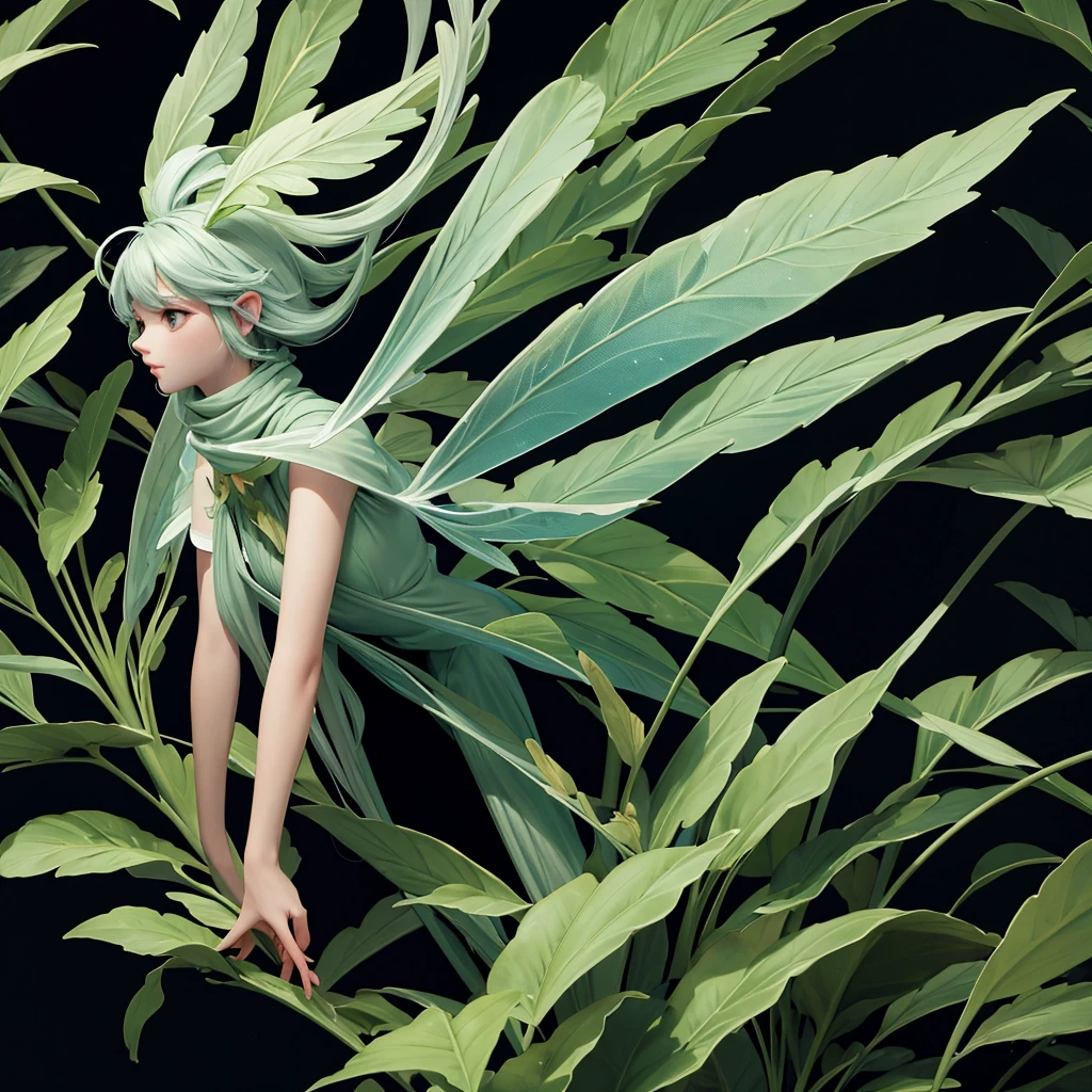 Fairy surrounded by foliage on a black background, work of art, offcial art, 4K, best qualityer