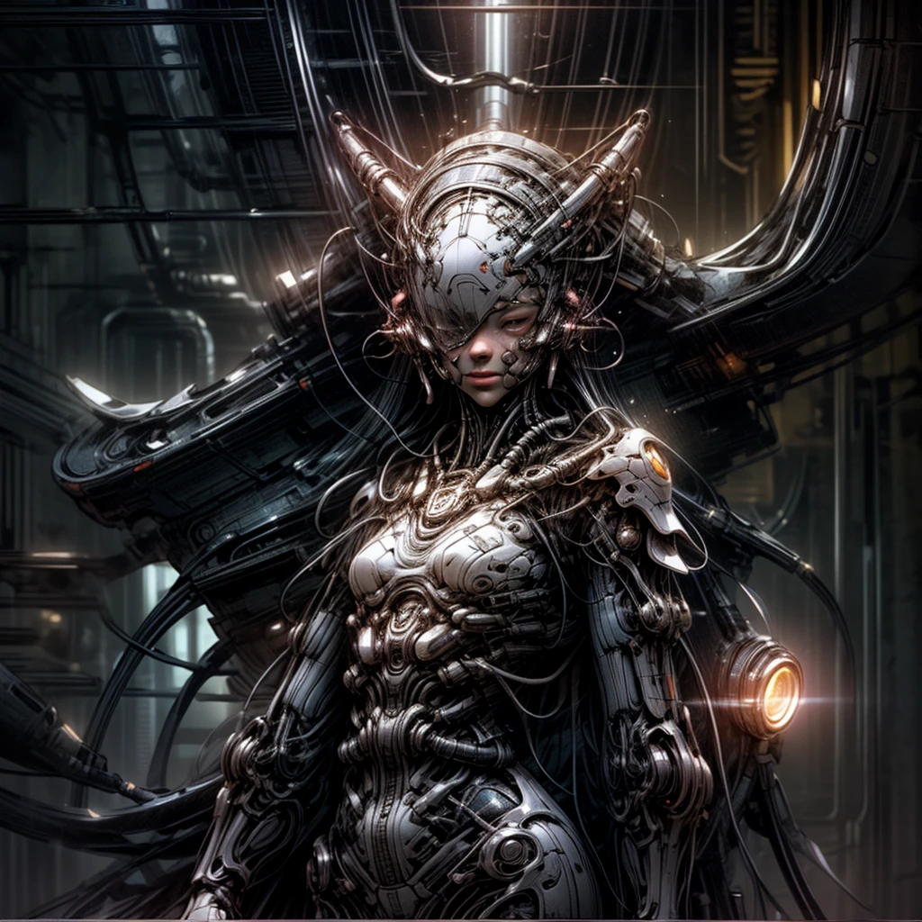 (Best quality:1.3), (best performance:1.2), (best illustration:1.2), (comic style:1.2), (artistic cinematic lighting:1.2) (1 person) wearing futuristic technological electronic Cyberpunk robes, his body is covered with metal parts, against the backdrop of a cinematic horror film in a futuristic Cyberpunk city.