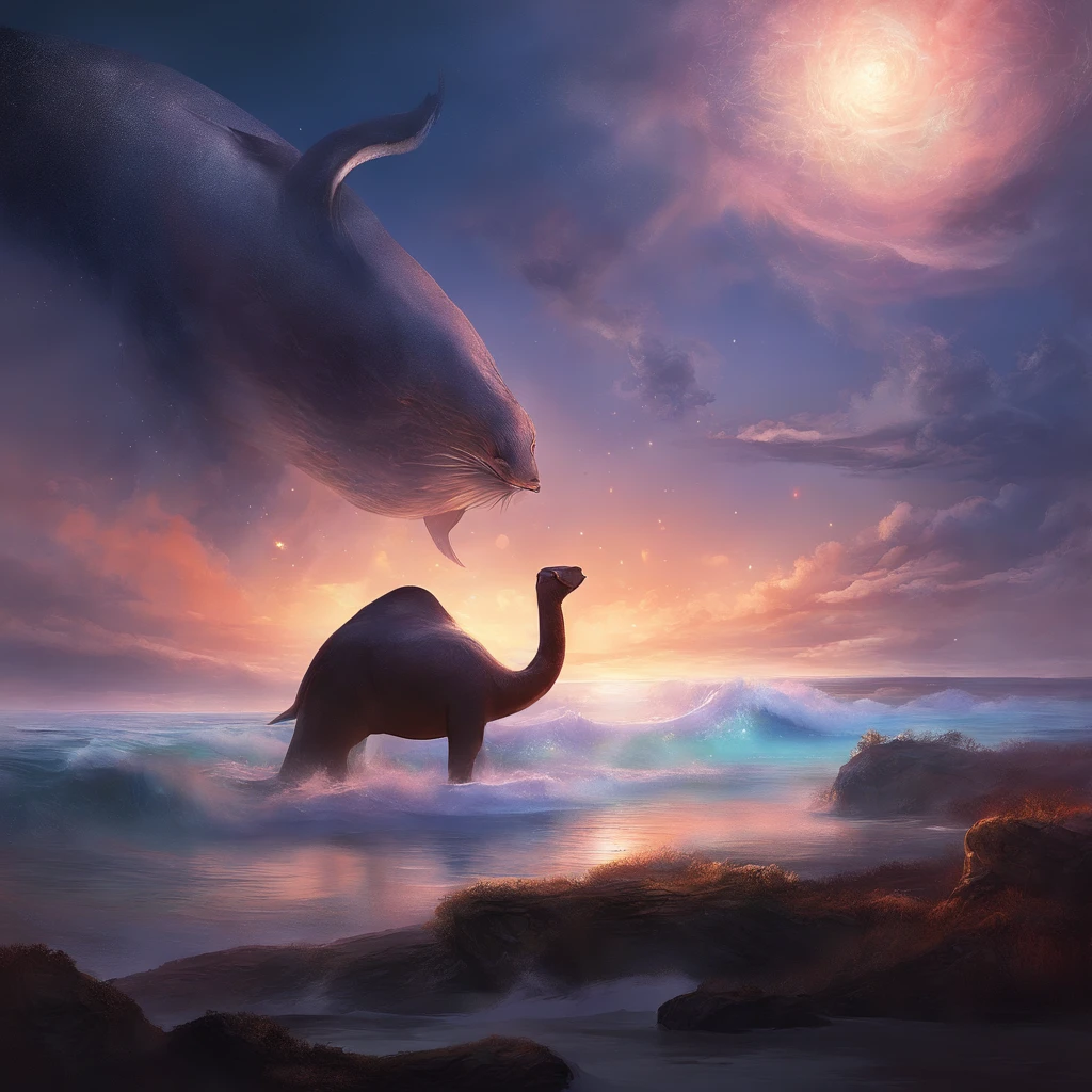 The most powerful being that ever existed he is black and beautiful he has long black arms and long black legs,ele está em frente ao sol amanhecer esté local tem árvores e mar com uma baleia 🐳 gigante