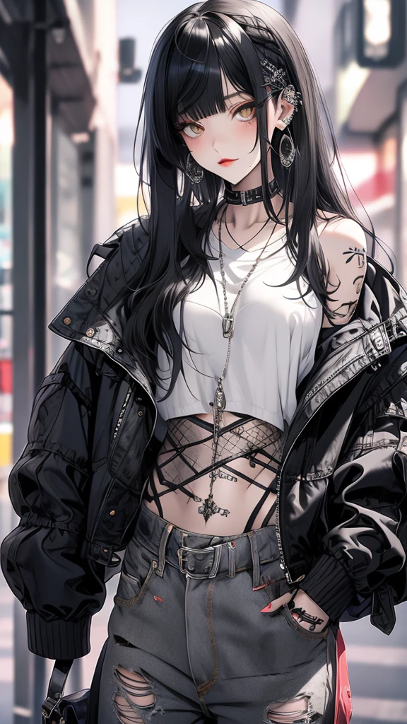masterpiece, best quality, PIXIV, cool girl, lots of piercings, earring, black hair, blunt bangs, straight bangs, gray eyes, pale skin, gal, gyaru, black tattoos,long hairstyles, unique hairstyle, white inside, grey eyes, tomboy