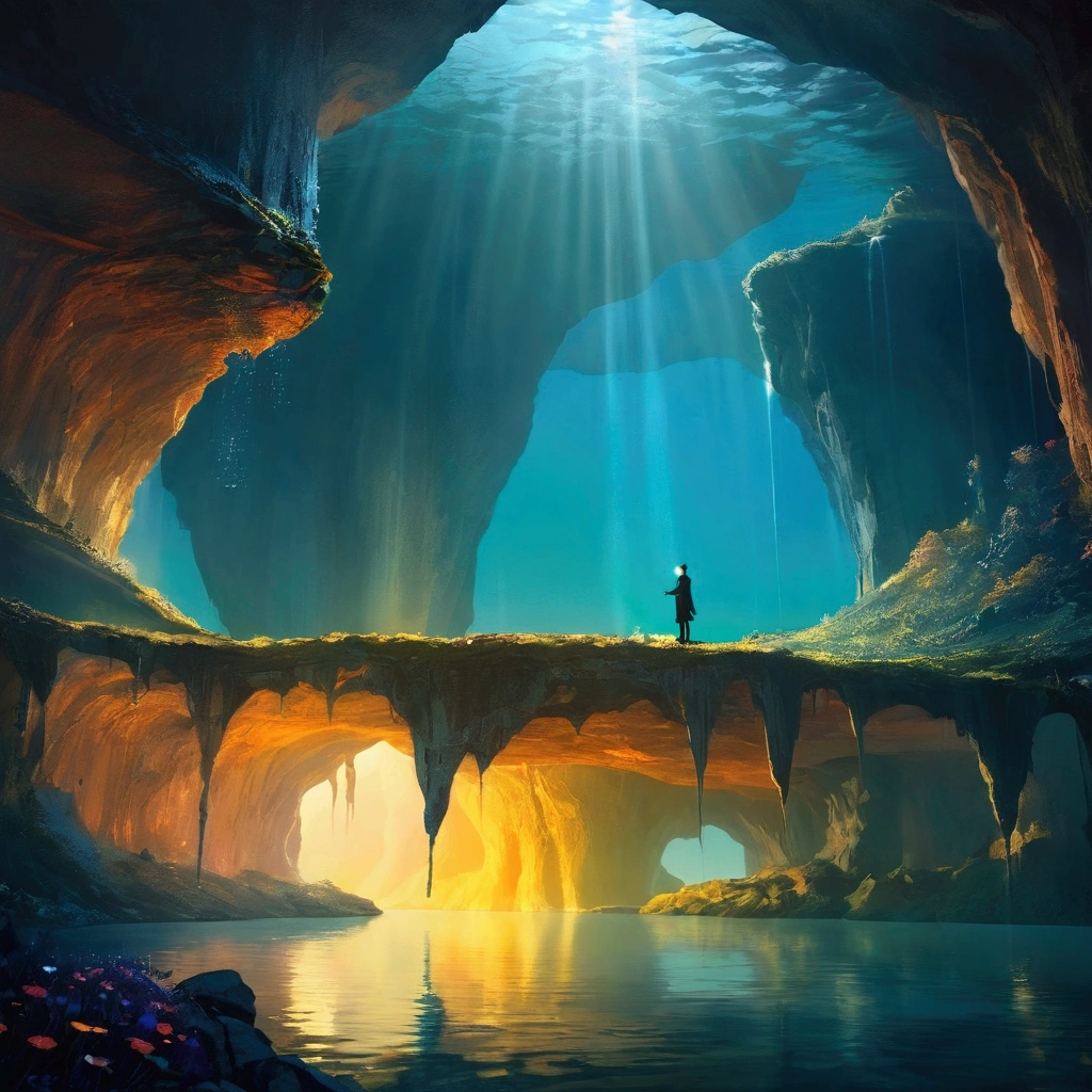 Photographs that capture the essence of a magical dream world. An epic cliff,Hanging over a beautiful lake, Surreal and vivid colors illuminate its reflection. The atmosphere is otherworldly, The soft night light casts a flowing shadow. The image creates a sense of depth and mystery, It's as if the audience is taken into another dimension., Create beautiful and memorable work.