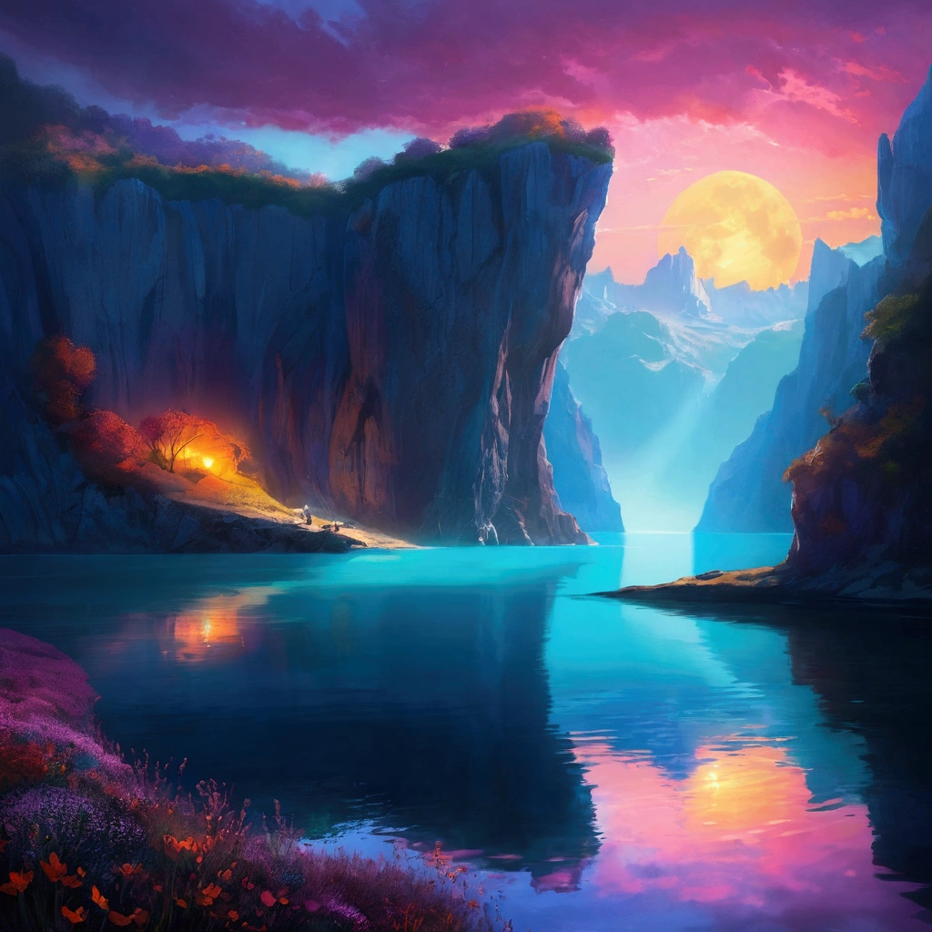 Photographs that capture the essence of a magical dream world. An epic cliff，Hanging over a beautiful lake, Surreal and vivid colors illuminate its reflection. The atmosphere is otherworldly, The soft night light casts a flowing shadow. The image creates a sense of depth and mystery, It's as if the audience is taken into another dimension., Create beautiful and memorable work. 