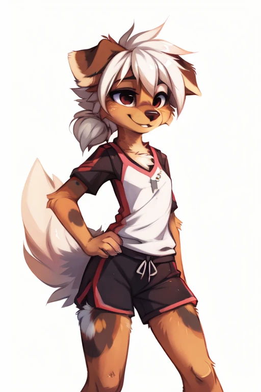 (((White background, no background,))), High quality, 8K, by kenket, by swaybat, by reysi, by Zackary911, by hyattlen, by teranen, by fumiko, by Pixelsketcher, by Bayard Wu, by Einshelm, by Kilinah, by Hioshiru, by fluff-kevlar, by Dimwitdog, Furry, Anthro, solo, ((australian shepard)), ((female)), ((young)), fluffy tail, slender, ((short white hair)), chest fluff, short, erotic, small breasts, cross country, track shorts, pony tail, cute, smug, university,