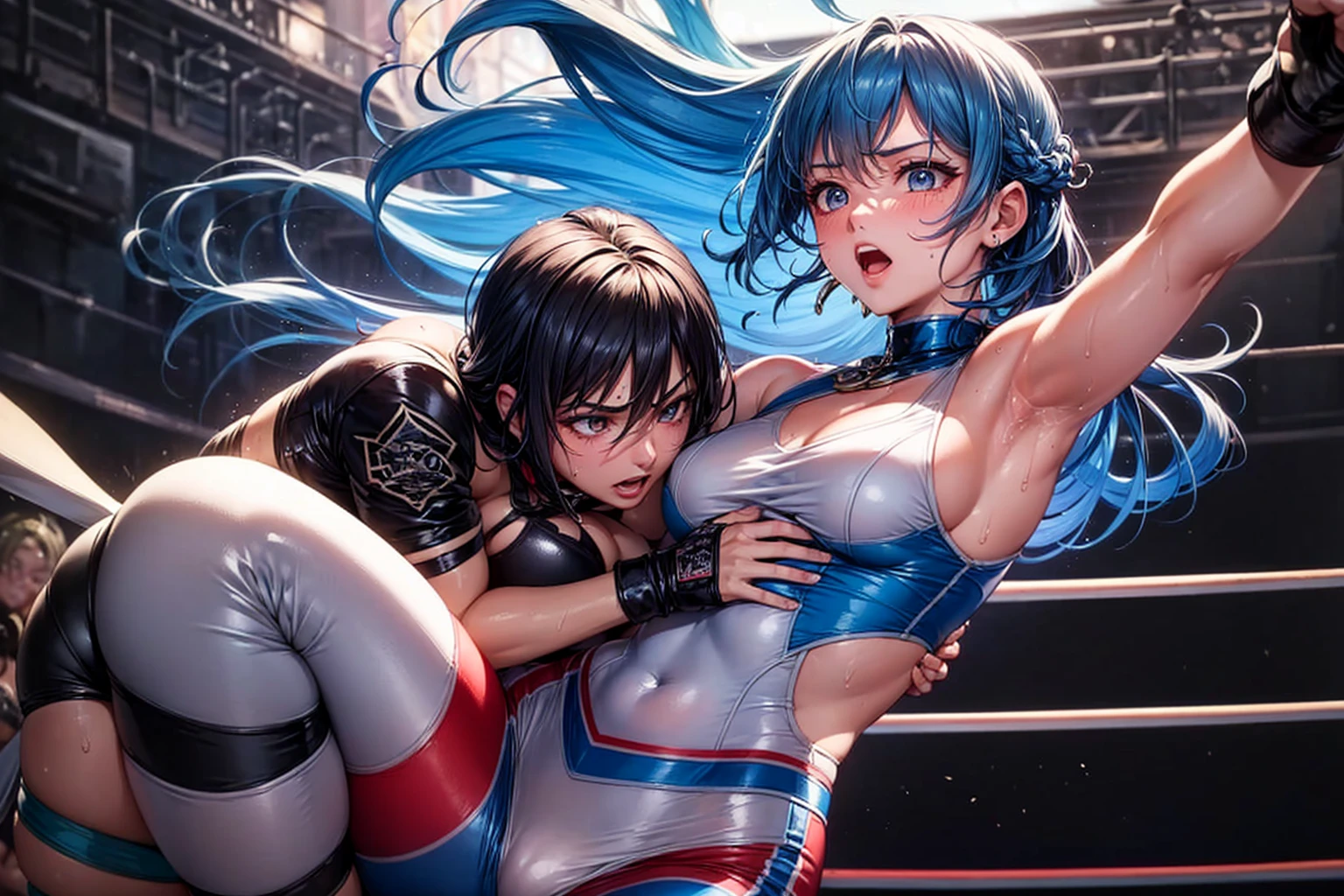 ２Female Fighters、Japanese girl、Close-up of a girl in a blue leotard、Blue glossy leotard、Black fishnet stockings、Blue shiny boots、Saiyan Girl, wonderful, Nano Girl, Female body type, Inspired by Hiromu Arakawa, Anime Manga Robot!! Anime Girls, Fubuki, Full Body Suit, by Hiromu Arakawa、wonderful, silk, Beautiful and attractive anime teen, Anime Girls of the future, tears,Drooling,Pee,Sweat,Tongue out,incontinence,Peeing、Estrus、Eyes wide open,Estrus,Blushing,Nipples are erect,Face is hot、Lust、incontinence、Armpit Hair、pubic hair、Nipples are erect、My crotch is wet、Being restrained、Having her breasts massaged