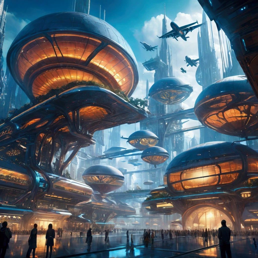 Creating futuristic surrealist artwork, Imagine a city floating in the sky, Complex building structure，advanced technology. Describe this futuristic city in rich detail, Capturing bright lights, The suspended platforms and aircraft crisscrossing the sky.  