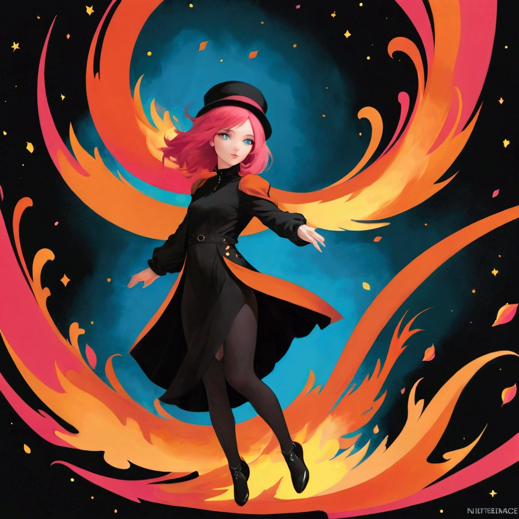 ((masterpiece,best quality)),(Negative Space:1.4),(1 Girl, Solitary:1.4),Beautiful and delicate eyes,Flowing pink hair, Red Hat, Fireball, Cast fire magic, Orange and red fractal background, looking off to the side, Blue-green eyes, whole body, jump