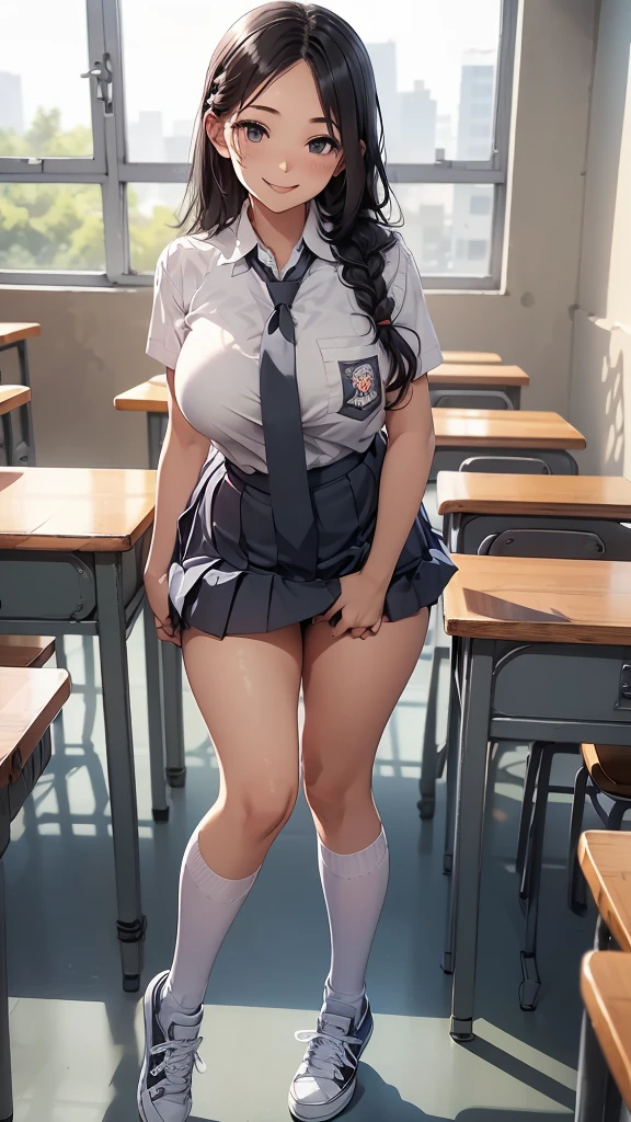 Girl, (long black hair, french-braid hairstyle), sexy body, black eyes, Indonesian high-school uniform, (neck tie, long white socks, white shoes), osis logo on shirt pocket, huge breasts, light-grey pleated skirt, full body shot, smiling, in the classroom, high quality, high resolution, very detailed, lifting skirt