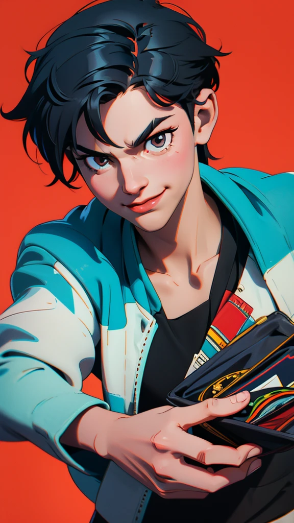 short black hair boy, holding a poker card, serious look smiling and determined.